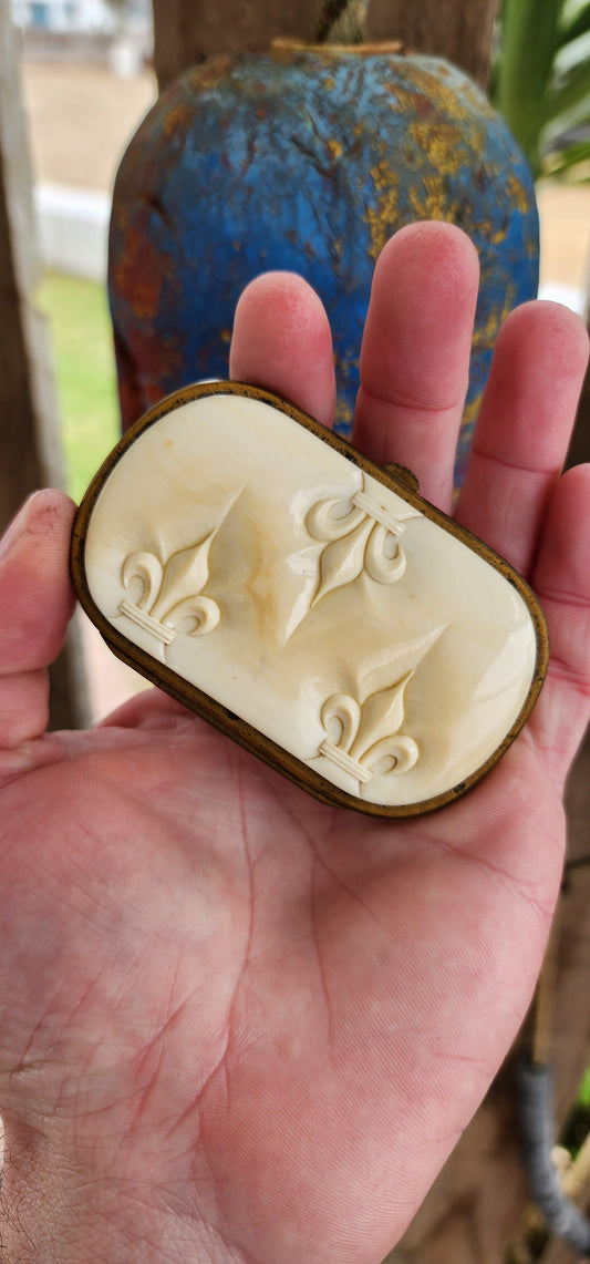 Antique French carved pre-ban Ivory and Brass coin purse from the Victorian era,late 19th Century.The Brass frame holds an accordion-style divided interior, adorned with Fleur de lis carvings on pre-ban Ivory panels.