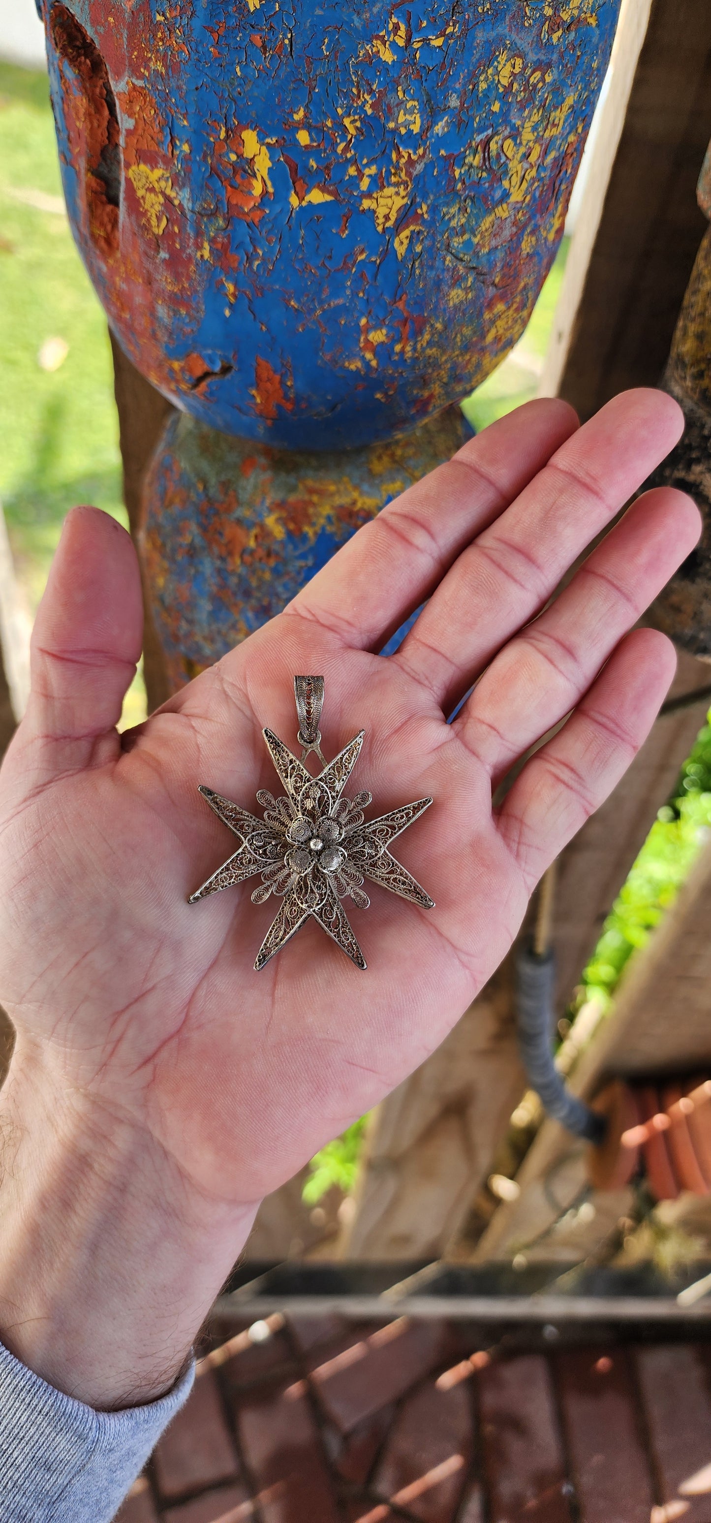 Magnificent and large size Vintage three dimensional Sterling Silver Filigree Maltese Cross pendant, with double-sided design, crafted in Malta.