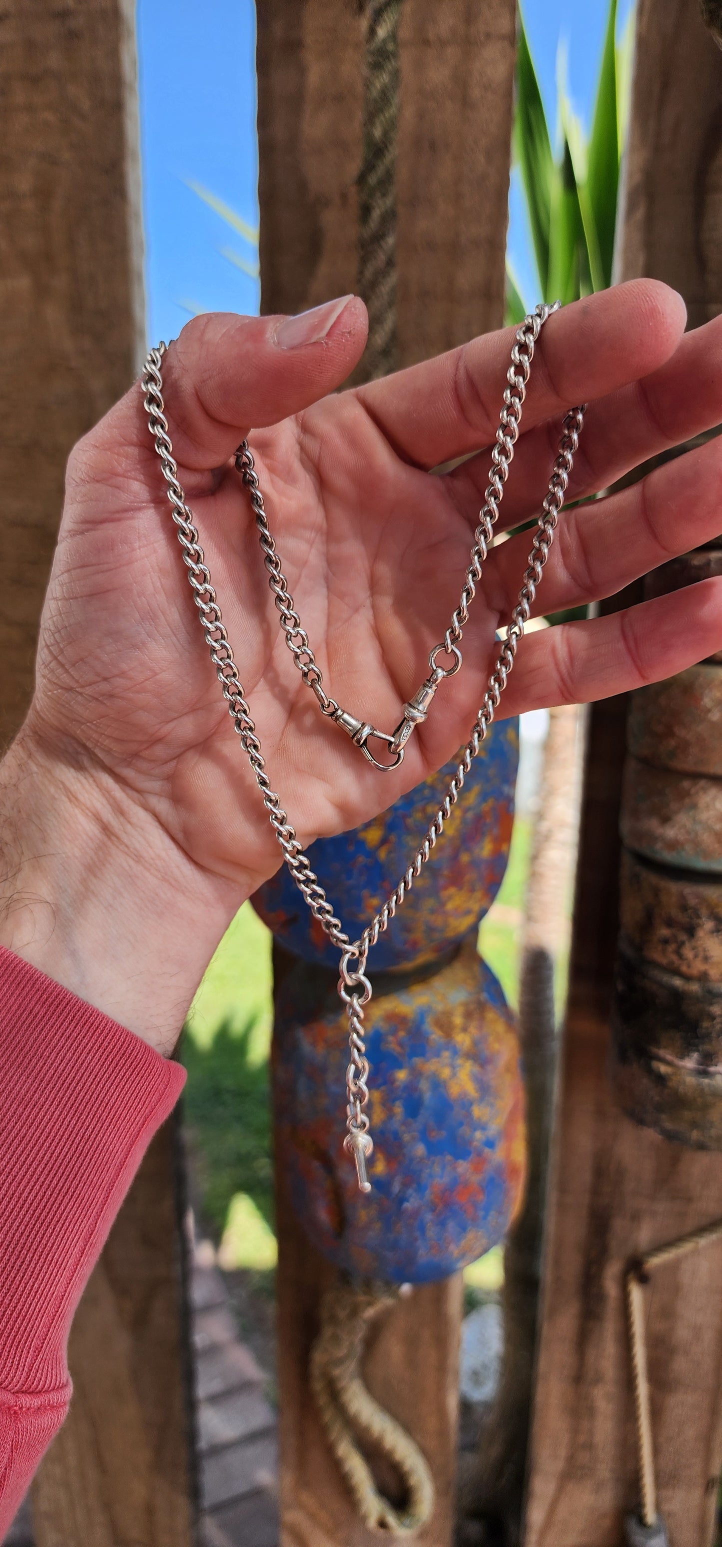 Antique English Hallmarked Silver Fob chain with double dog clip clasps and T-bar pendant.