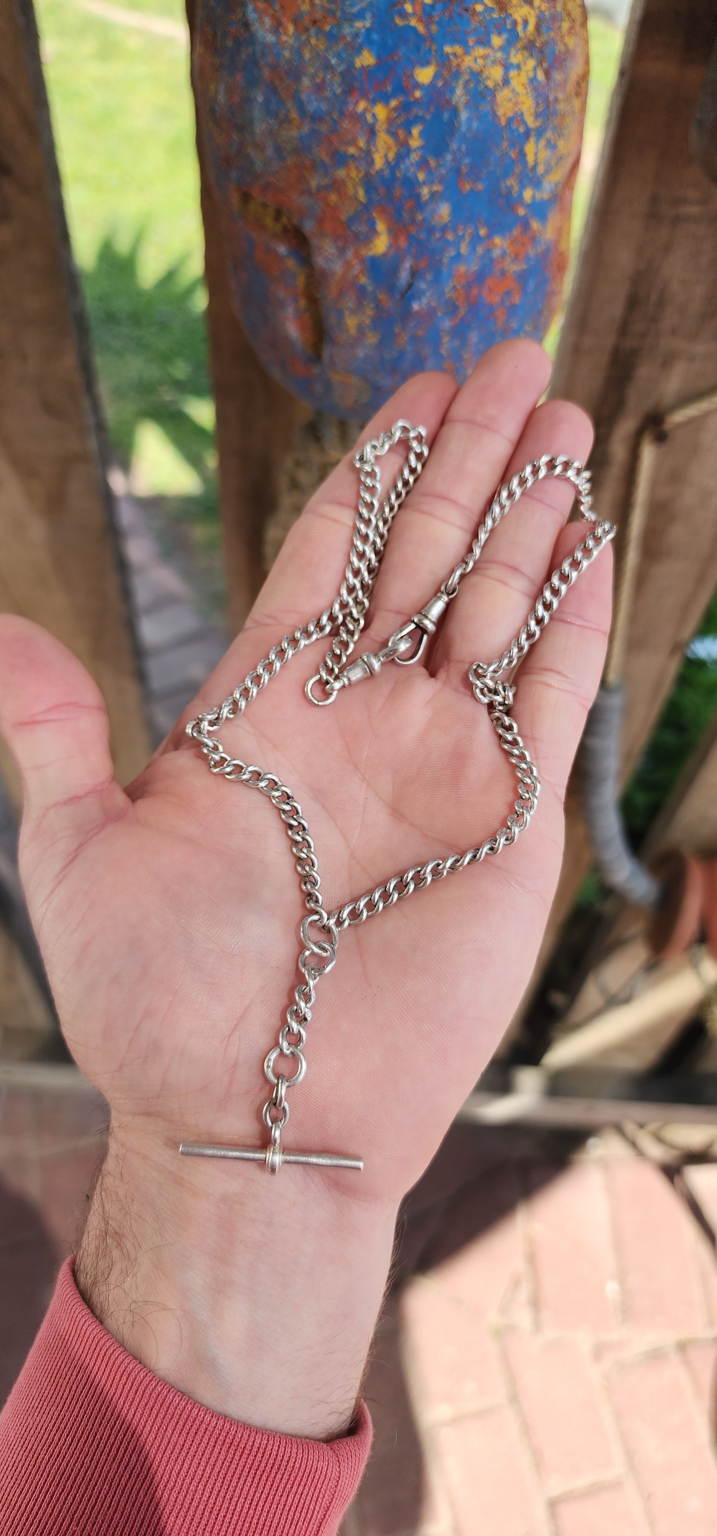 Antique English Hallmarked Silver Fob chain with double dog clip clasps and T-bar pendant.