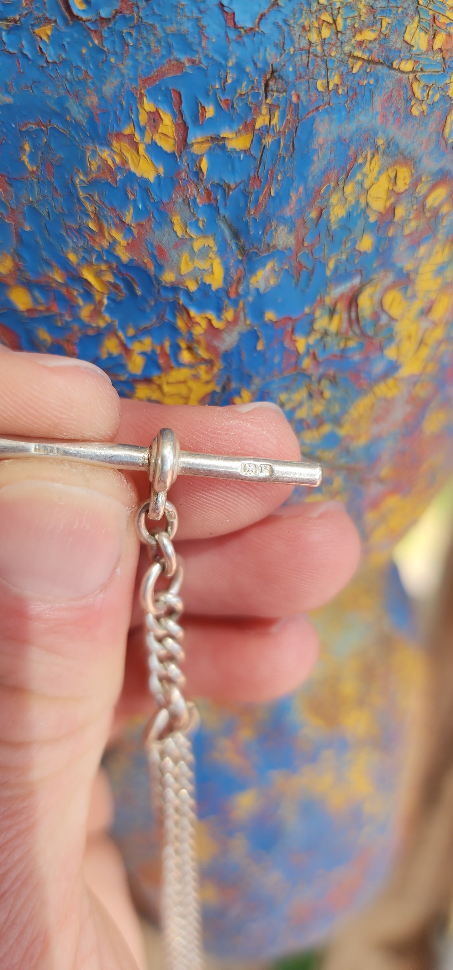 Antique English Hallmarked Silver Fob chain with double dog clip clasps and T-bar pendant.