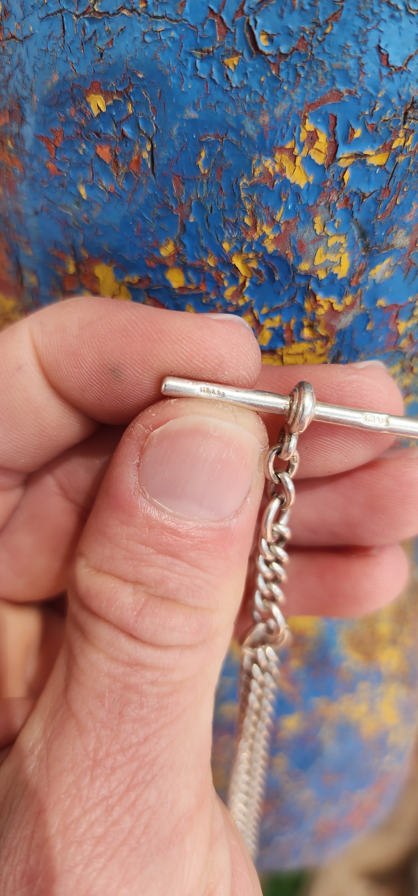 Antique English Hallmarked Silver Fob chain with double dog clip clasps and T-bar pendant.