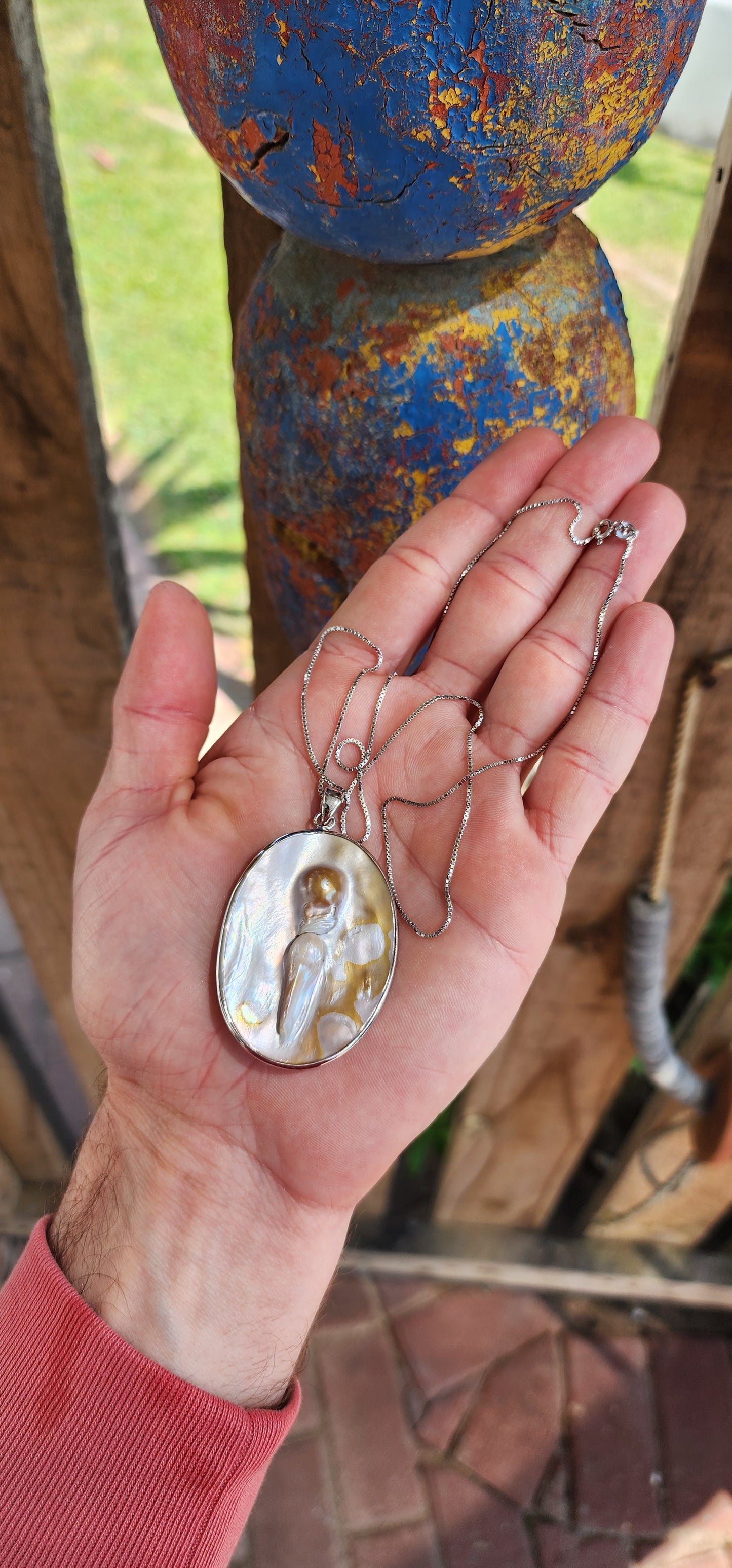 Beautiful and generous in size double sided Mother of Pearl and Sterling Silver Oval shaped pendant - Comes fitted on a extra length Sterling Silver Box link chain.