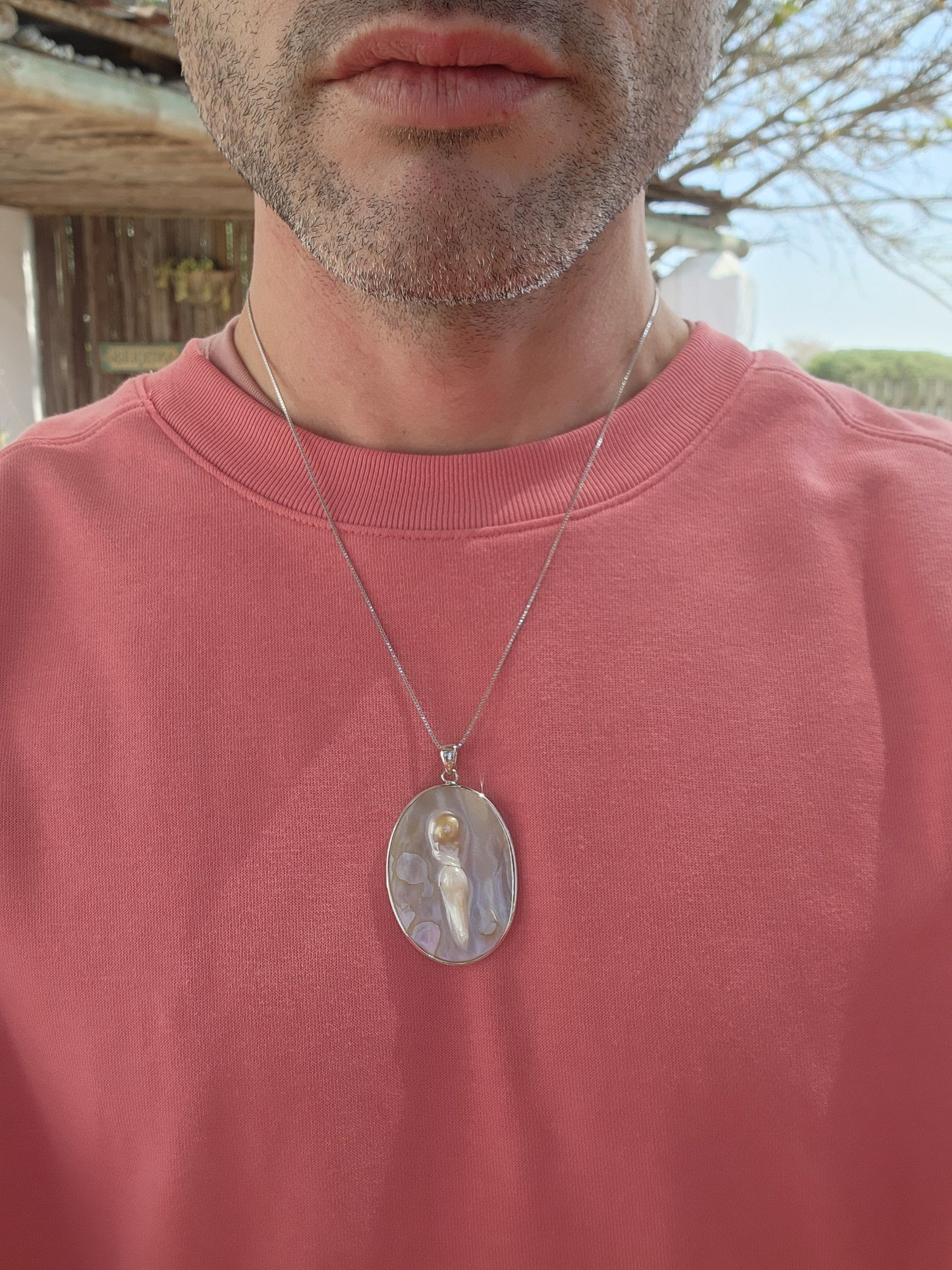 Beautiful and generous in size double sided Mother of Pearl and Sterling Silver Oval shaped pendant - Comes fitted on a extra length Sterling Silver Box link chain.