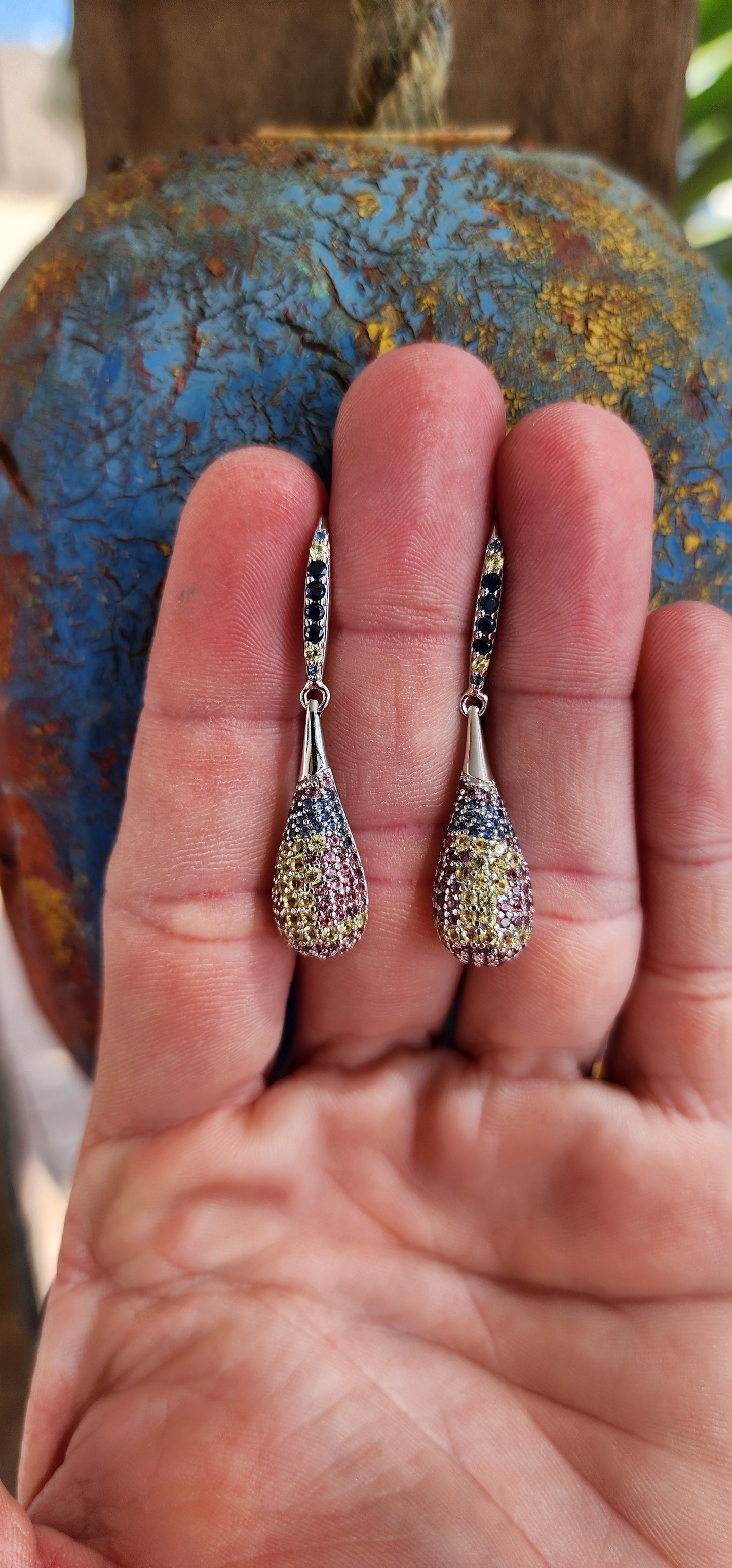 Gorgeous Sterling Silver and multi-color Sapphire Gemstones Teardrop Flapper earrings.