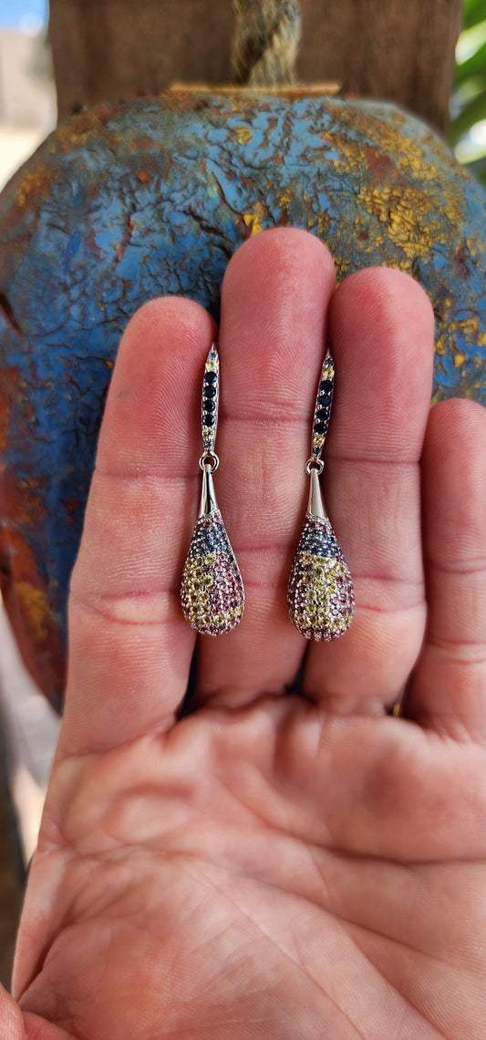 Gorgeous Sterling Silver and multi-color Sapphire Gemstones Teardrop Flapper earrings.