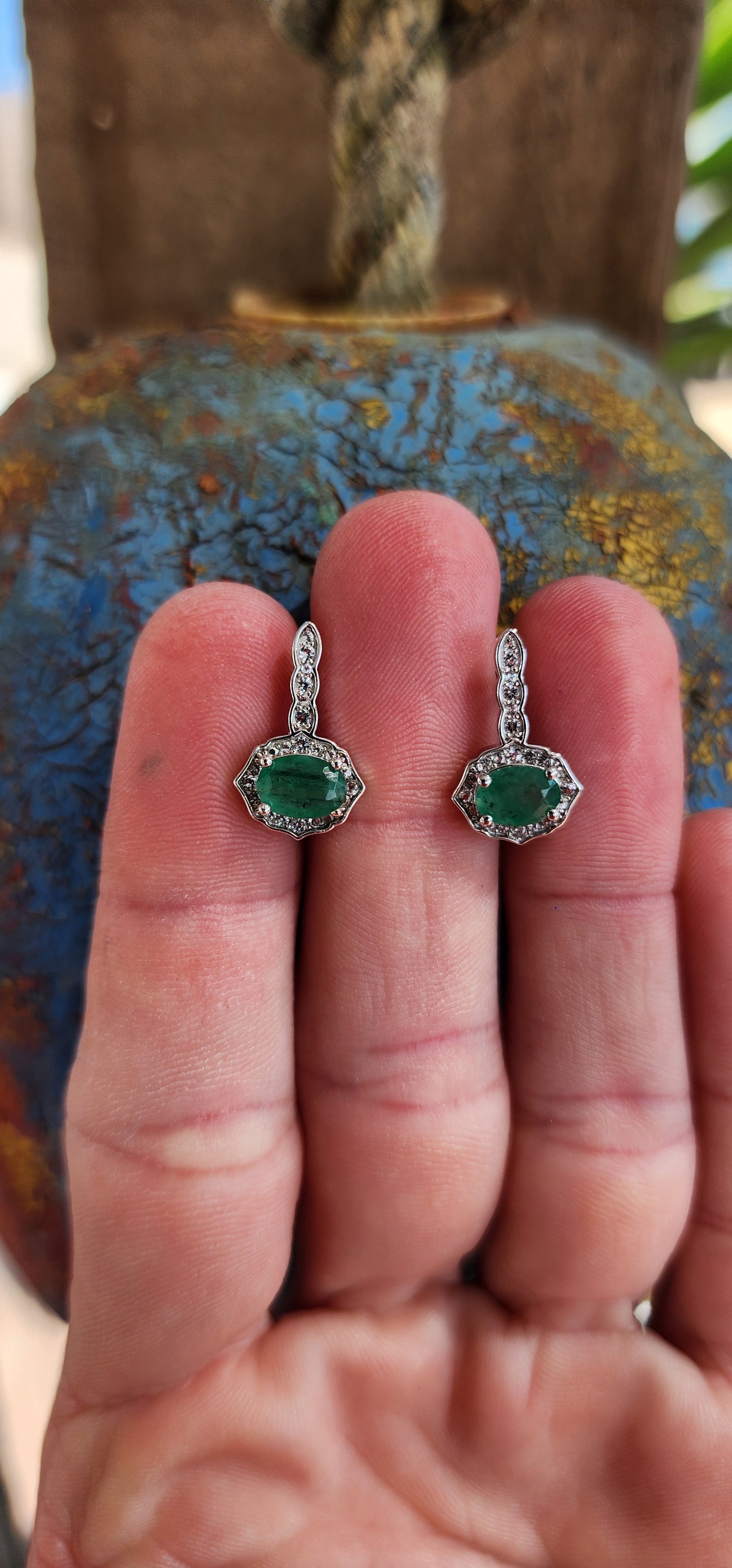 Gorgeous Sterling Silver,Natural Emeralds and sparkly CZ Gemstones push-in earrings.