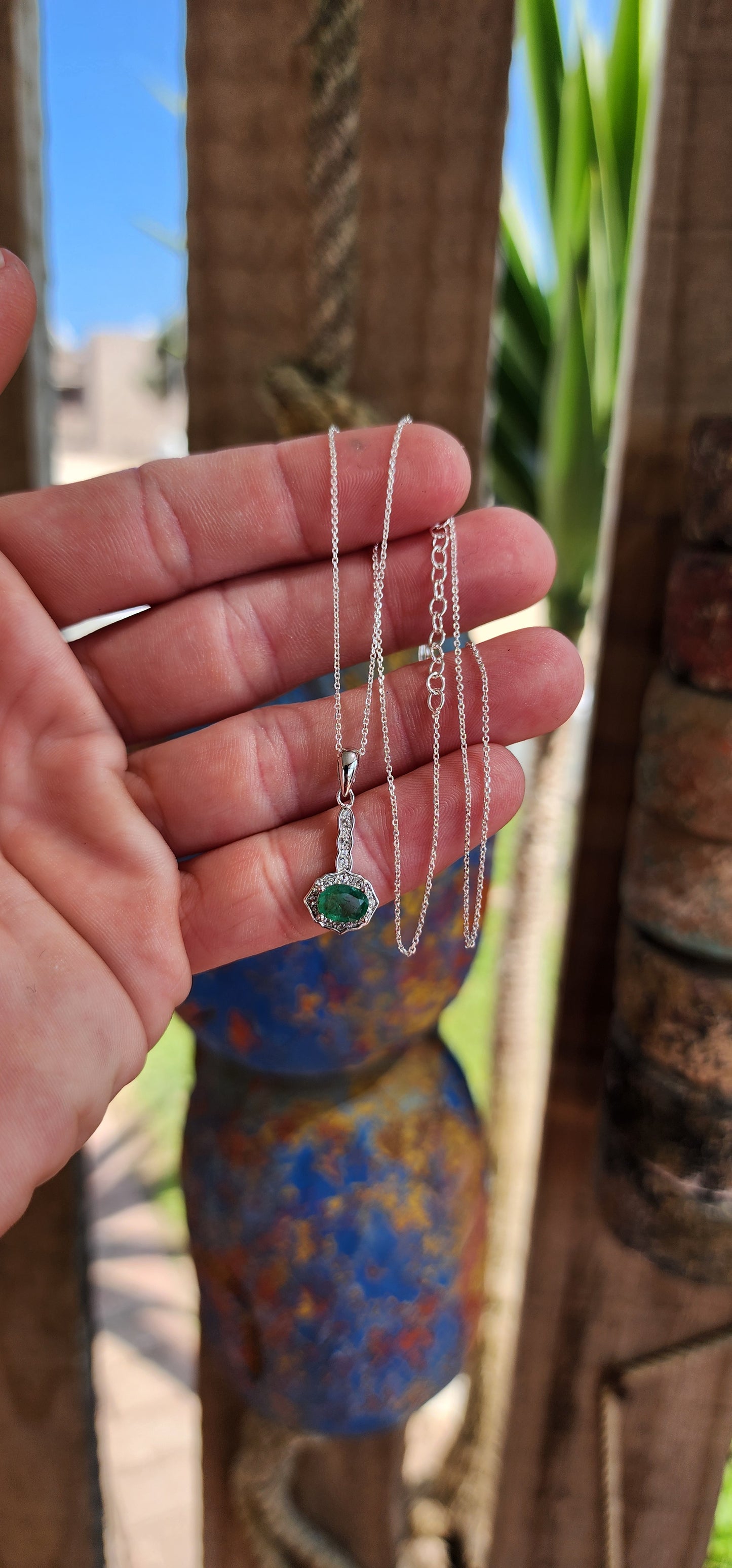 Gorgeous Sterling Silver,Natural Emeralds and sparkly CZ Gemstones pendant - Fitted on a adjustable length Sterling Silver chain.