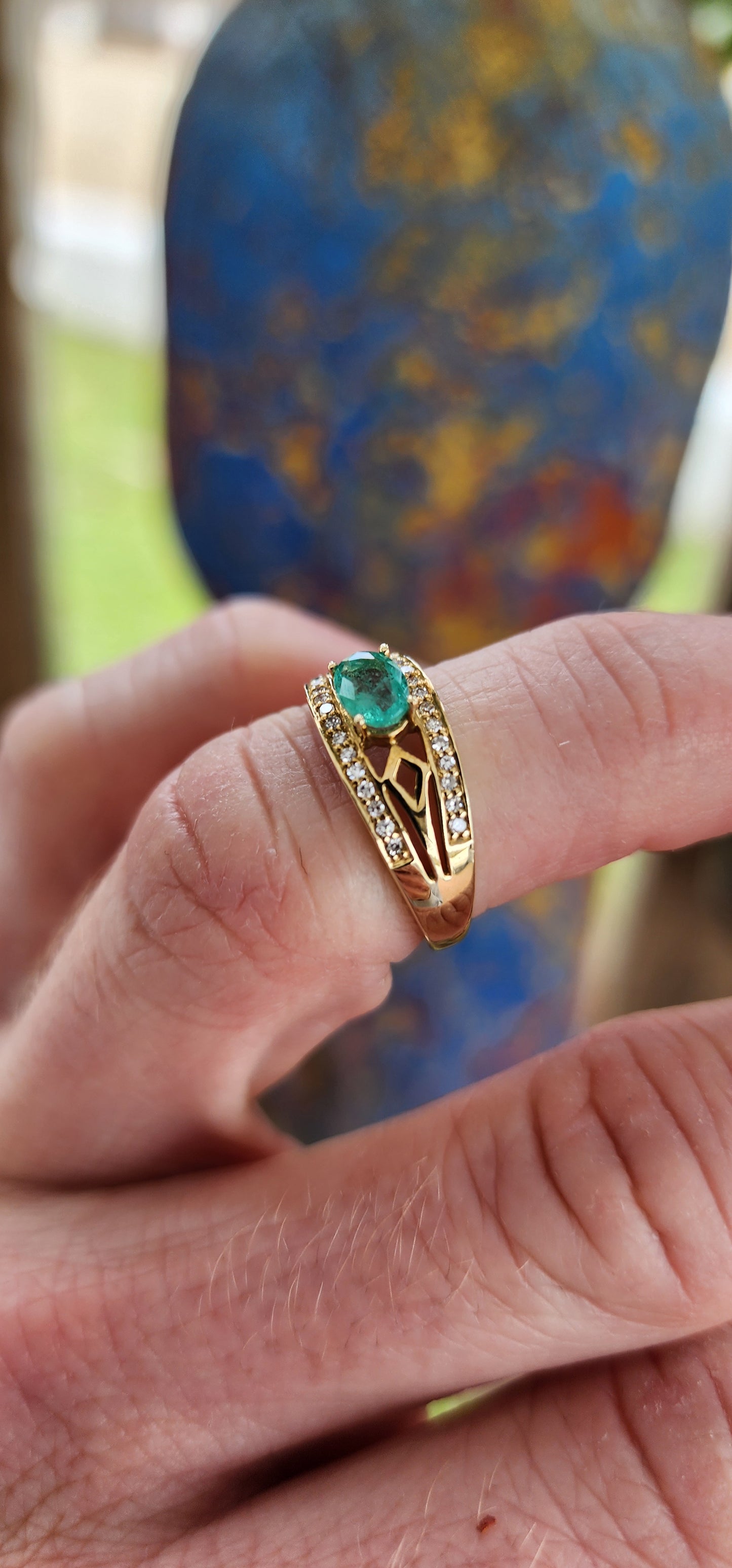 Most beautiful Art Deco style 9ct Yellow Gold,Emerald and small Diamonds dress ring.