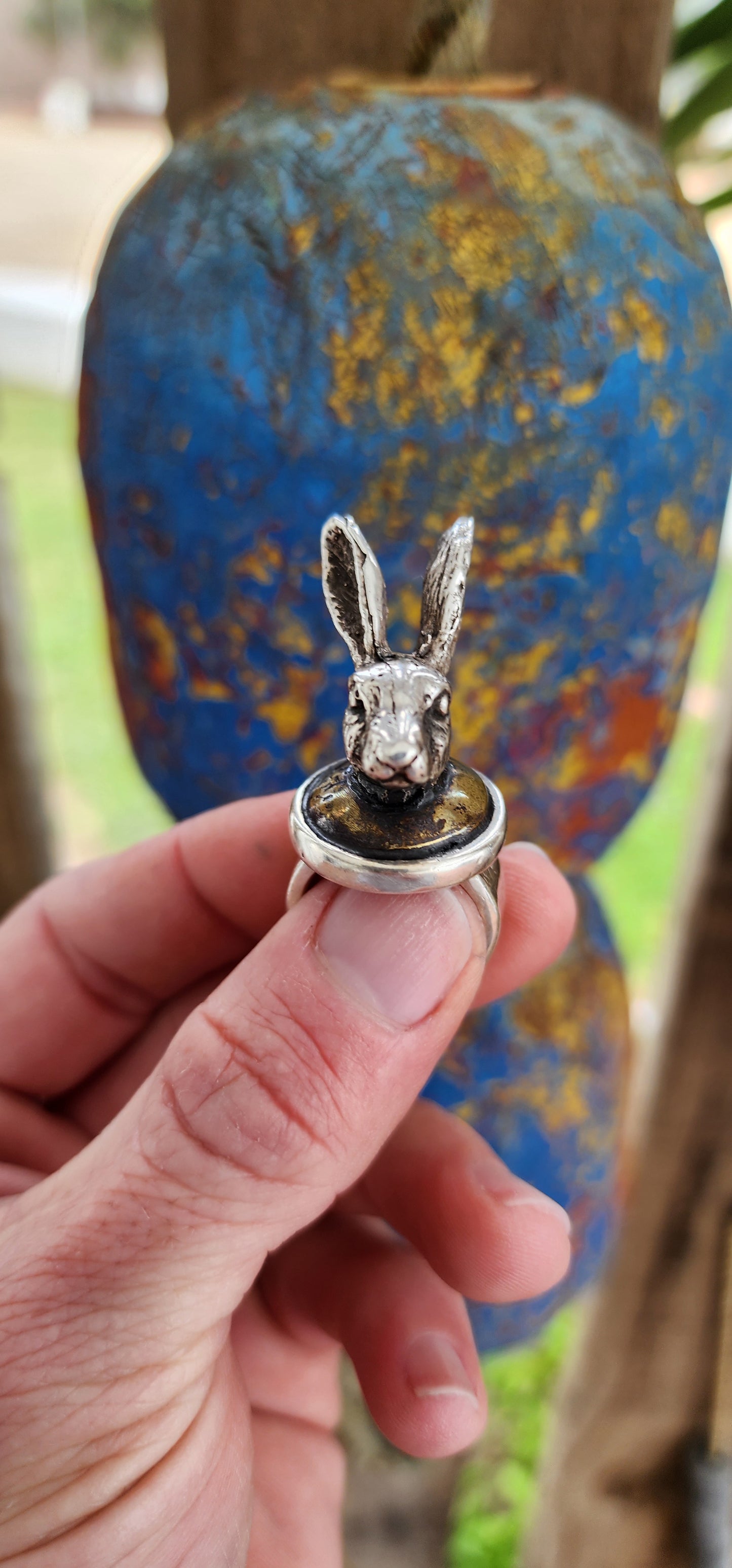 Impressive and chunky/weighty handmade Sterling Silver and Brass Hare/Rabbit Novelty ring.