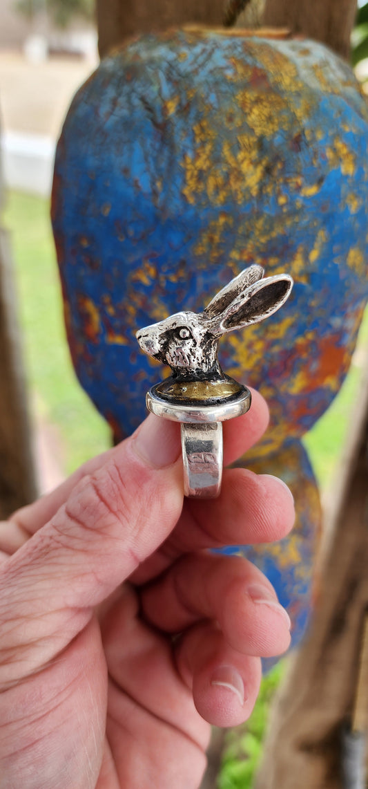 Impressive and chunky/weighty handmade Sterling Silver and Brass Hare/Rabbit Novelty ring.