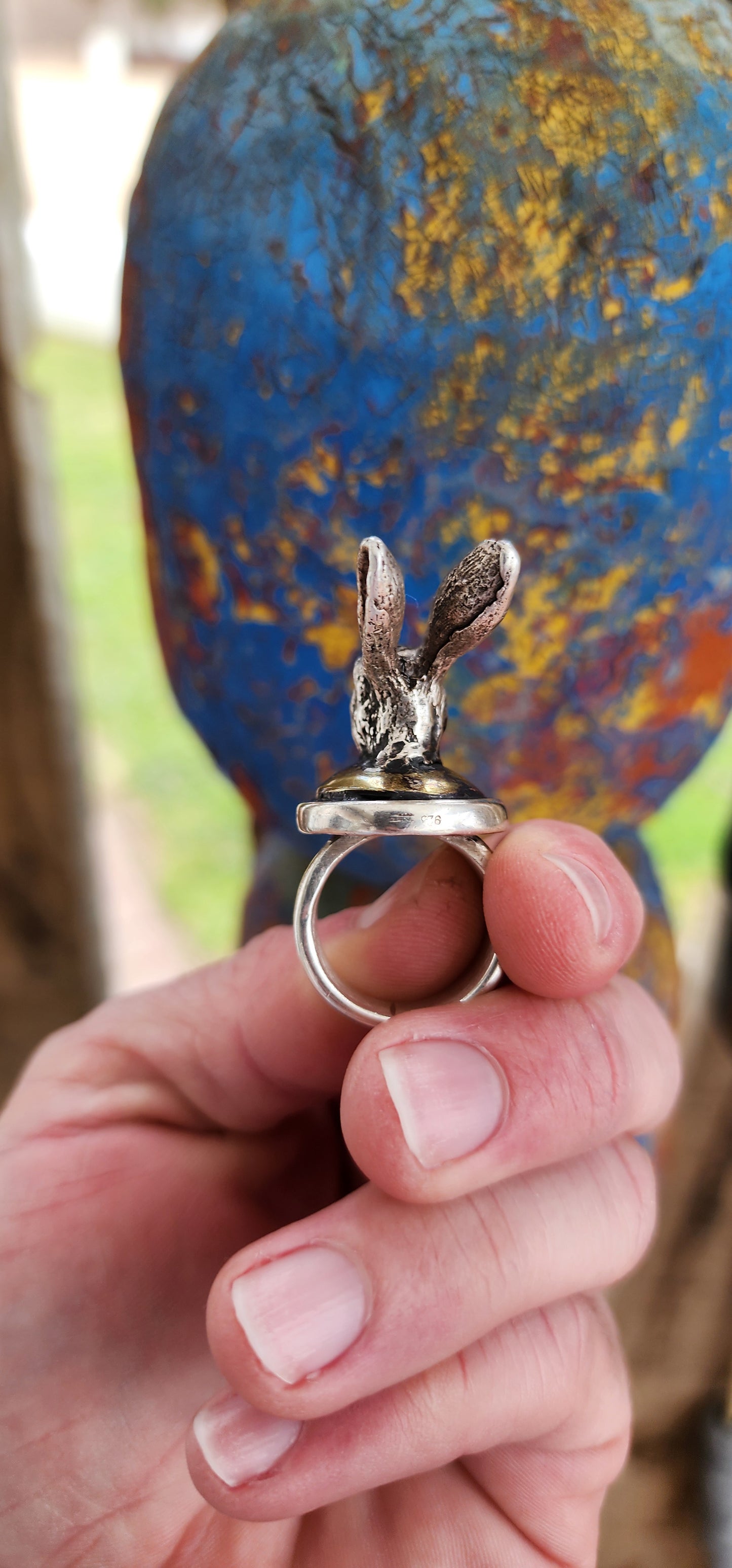 Impressive and chunky/weighty handmade Sterling Silver and Brass Hare/Rabbit Novelty ring.