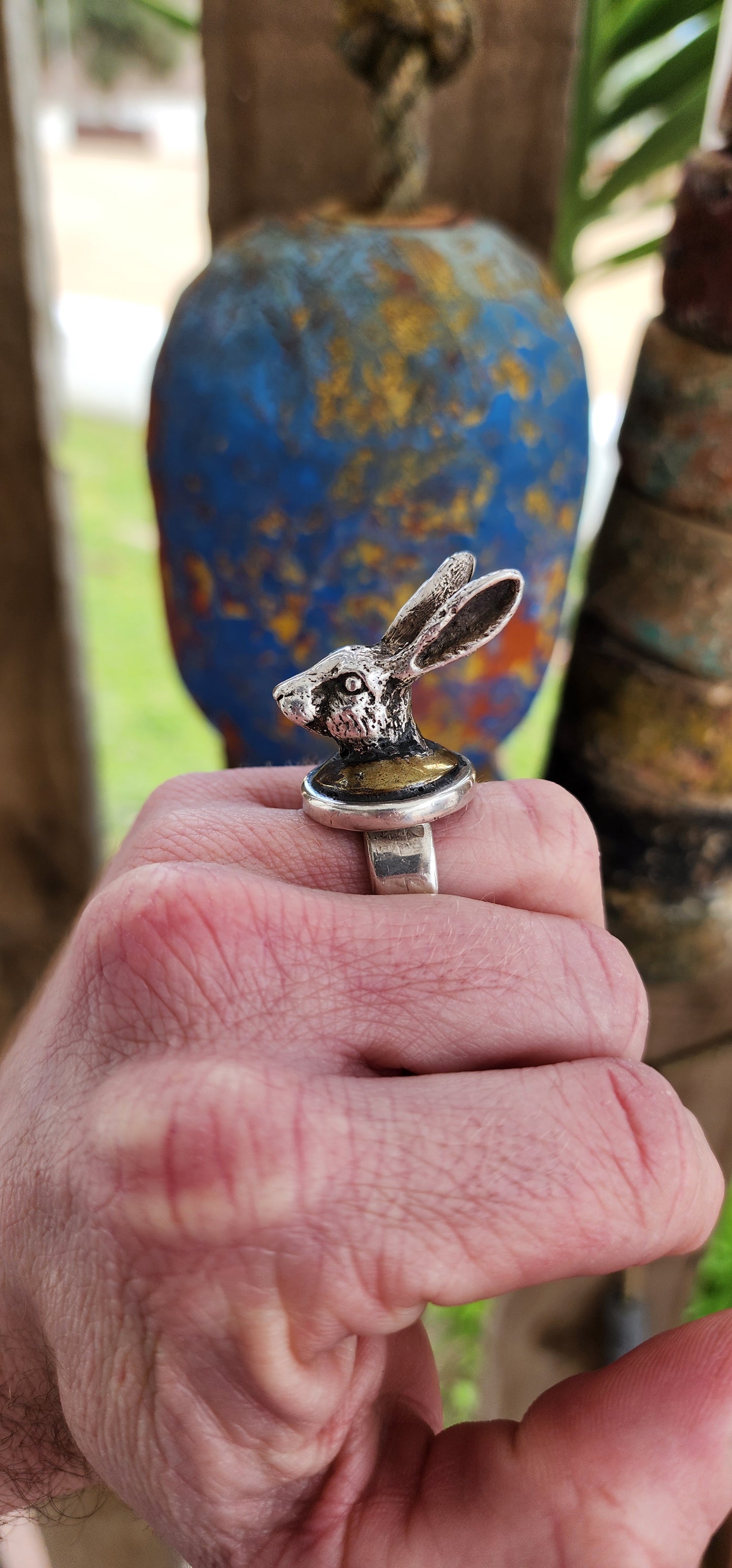 Impressive and chunky/weighty handmade Sterling Silver and Brass Hare/Rabbit Novelty ring.