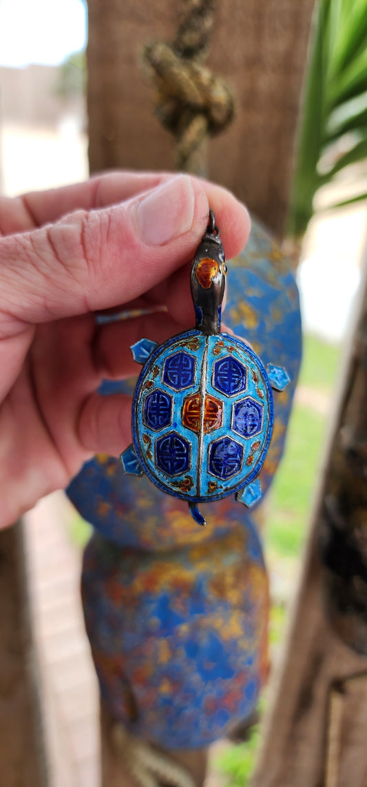 Antique 19th Century Chinese Export Sterling Silver and Enamel Articulated Turtle pendant.