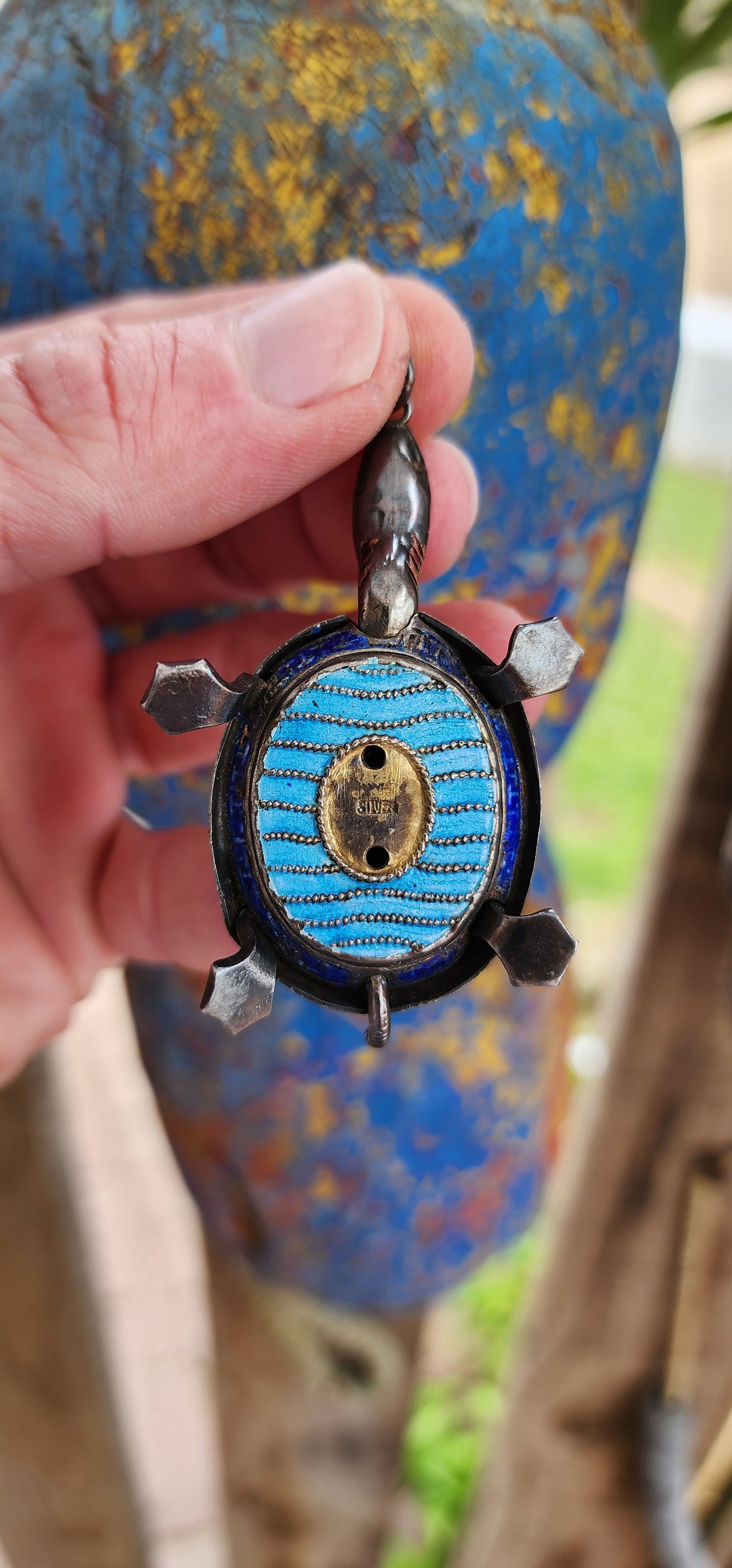 Antique 19th Century Chinese Export Sterling Silver and Enamel Articulated Turtle pendant.