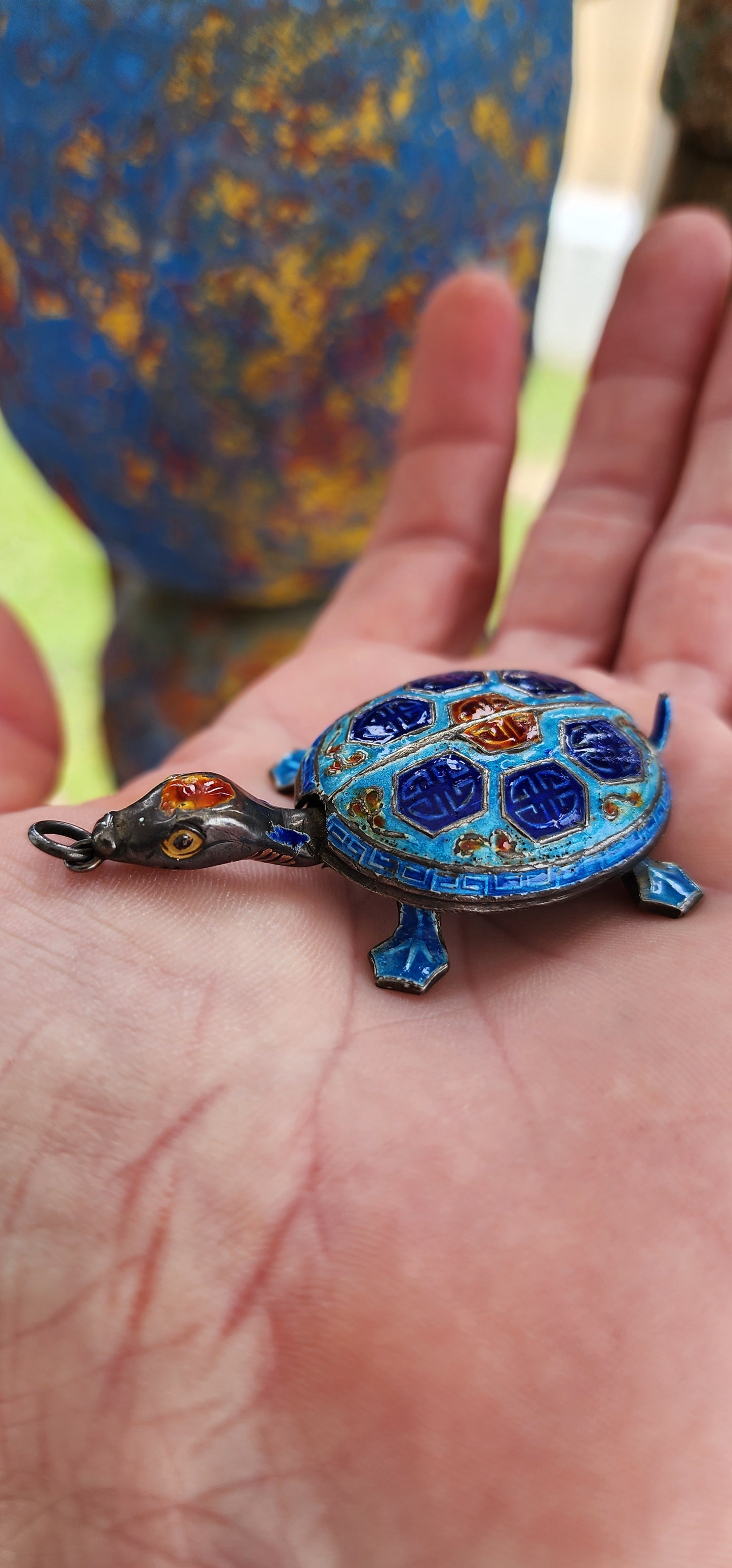 Antique 19th Century Chinese Export Sterling Silver and Enamel Articulated Turtle pendant.