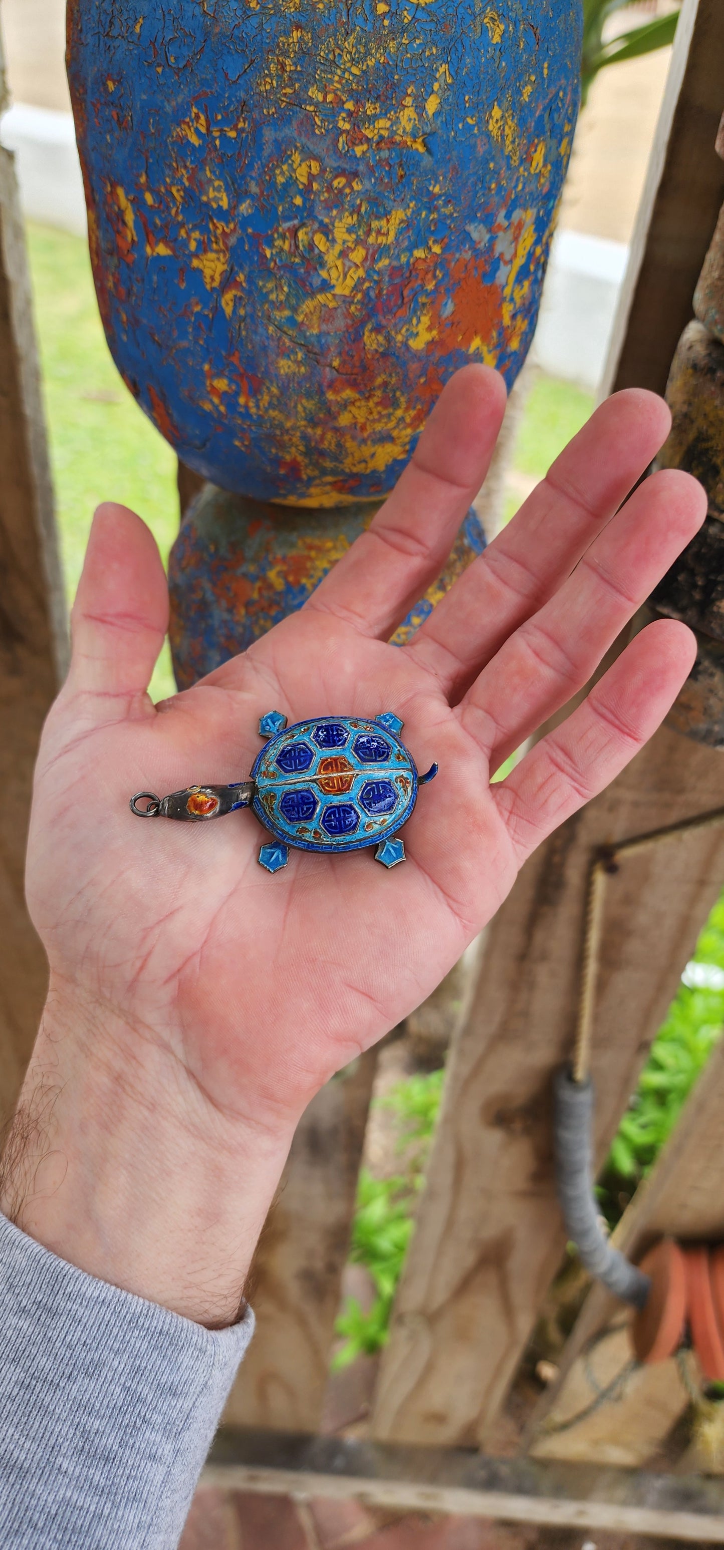 Antique 19th Century Chinese Export Sterling Silver and Enamel Articulated Turtle pendant.