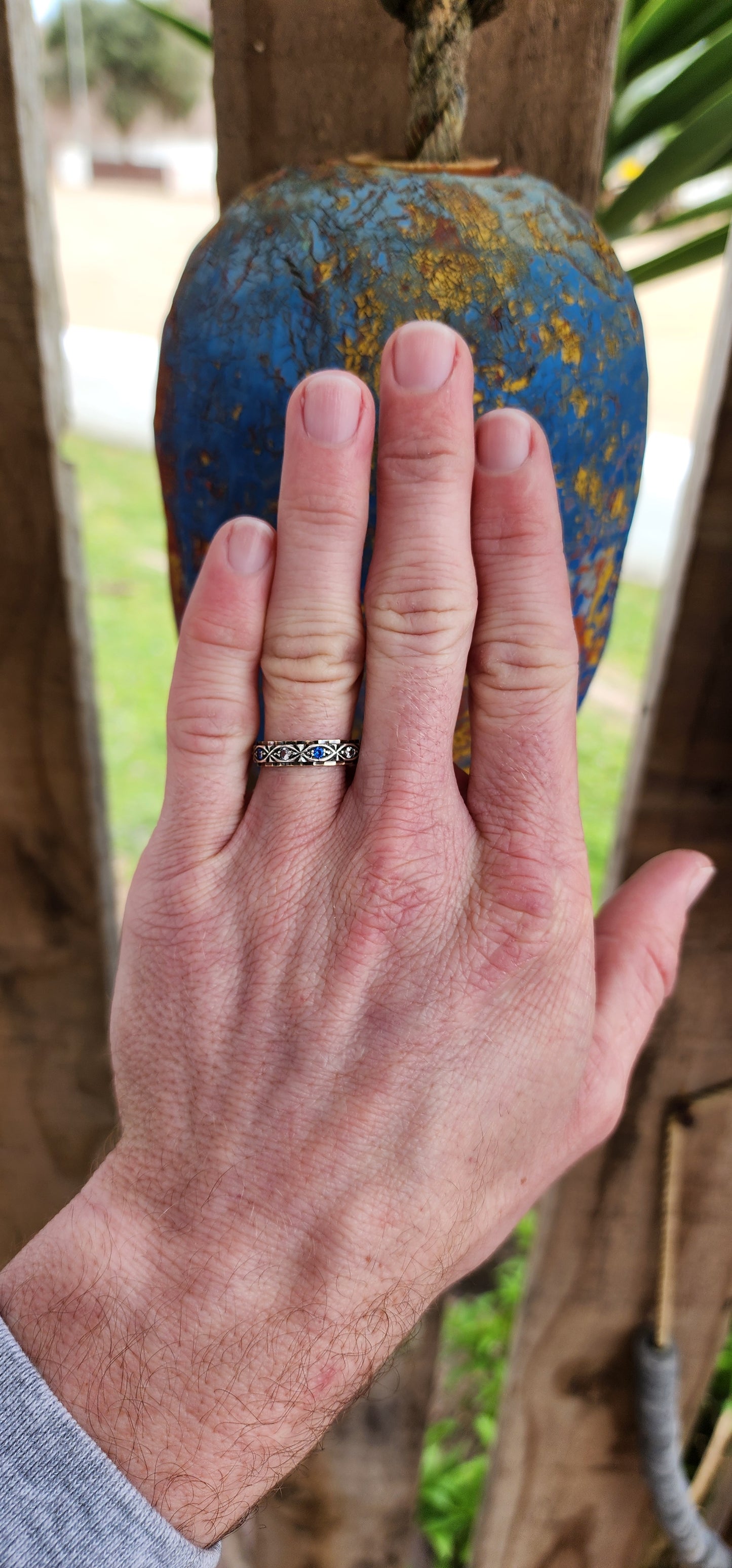 Antique Art Deco circa 1920's 9ct Yellow Gold & Silver Full Eternity ring prong set with Blue and Clear Round cut Spinel Gemstones in decorative Marquise shaped frames.