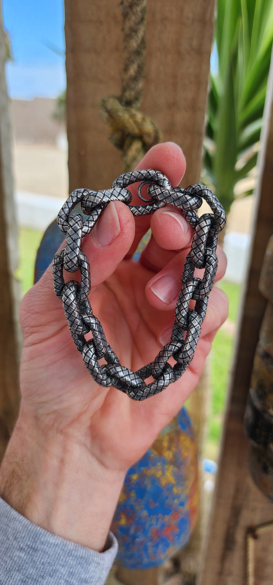 Chunky unisex high-end Designer Sterling Silver textured and oxidised Intrecciato patterned bracelet - Made by Bottega Vaneta and Hallmarked accordingly.