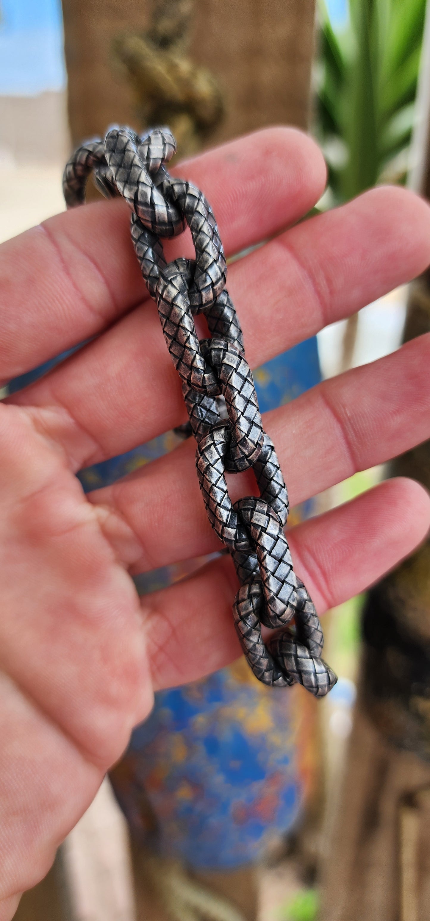 Chunky unisex high-end Designer Sterling Silver textured and oxidised Intrecciato patterned bracelet - Made by Bottega Vaneta and Hallmarked accordingly.