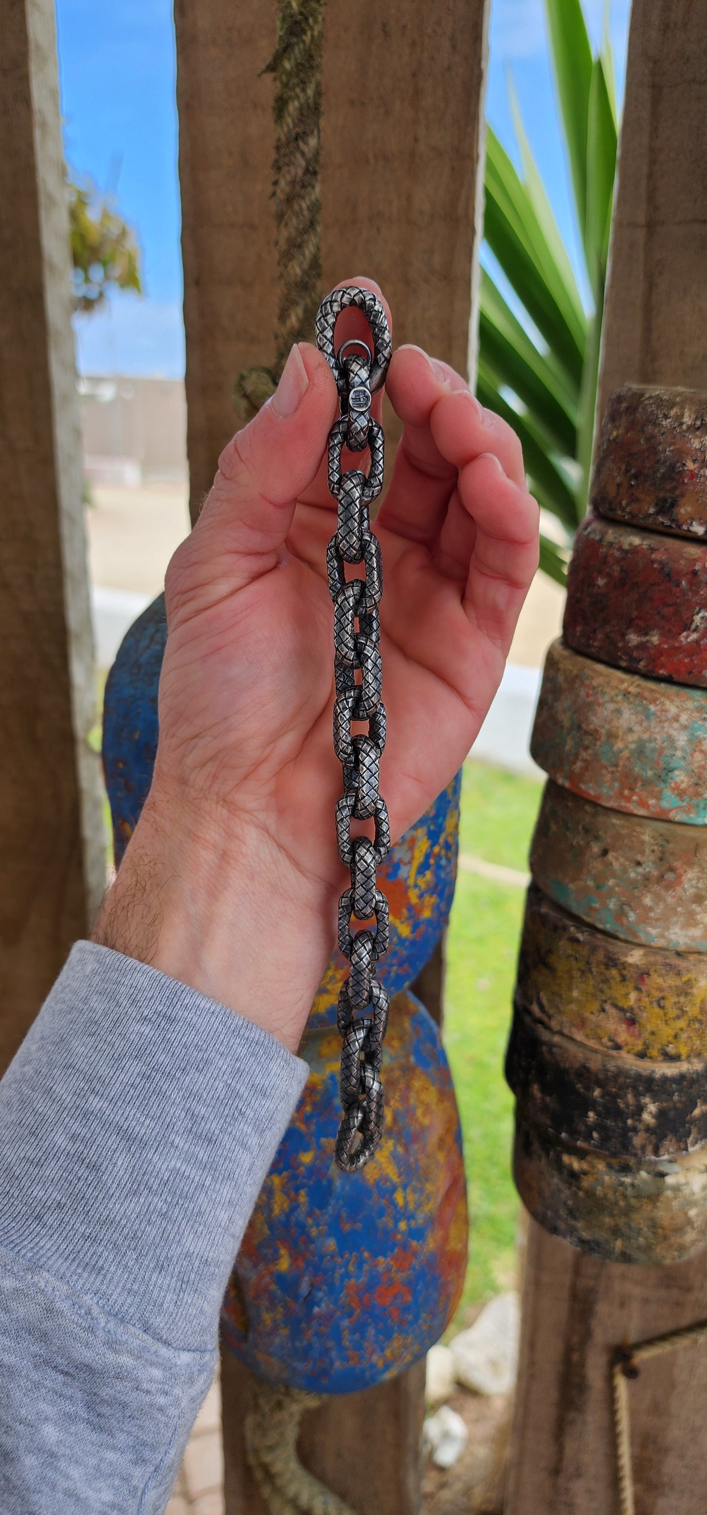 Chunky unisex high-end Designer Sterling Silver textured and oxidised Intrecciato patterned bracelet - Made by Bottega Vaneta and Hallmarked accordingly.