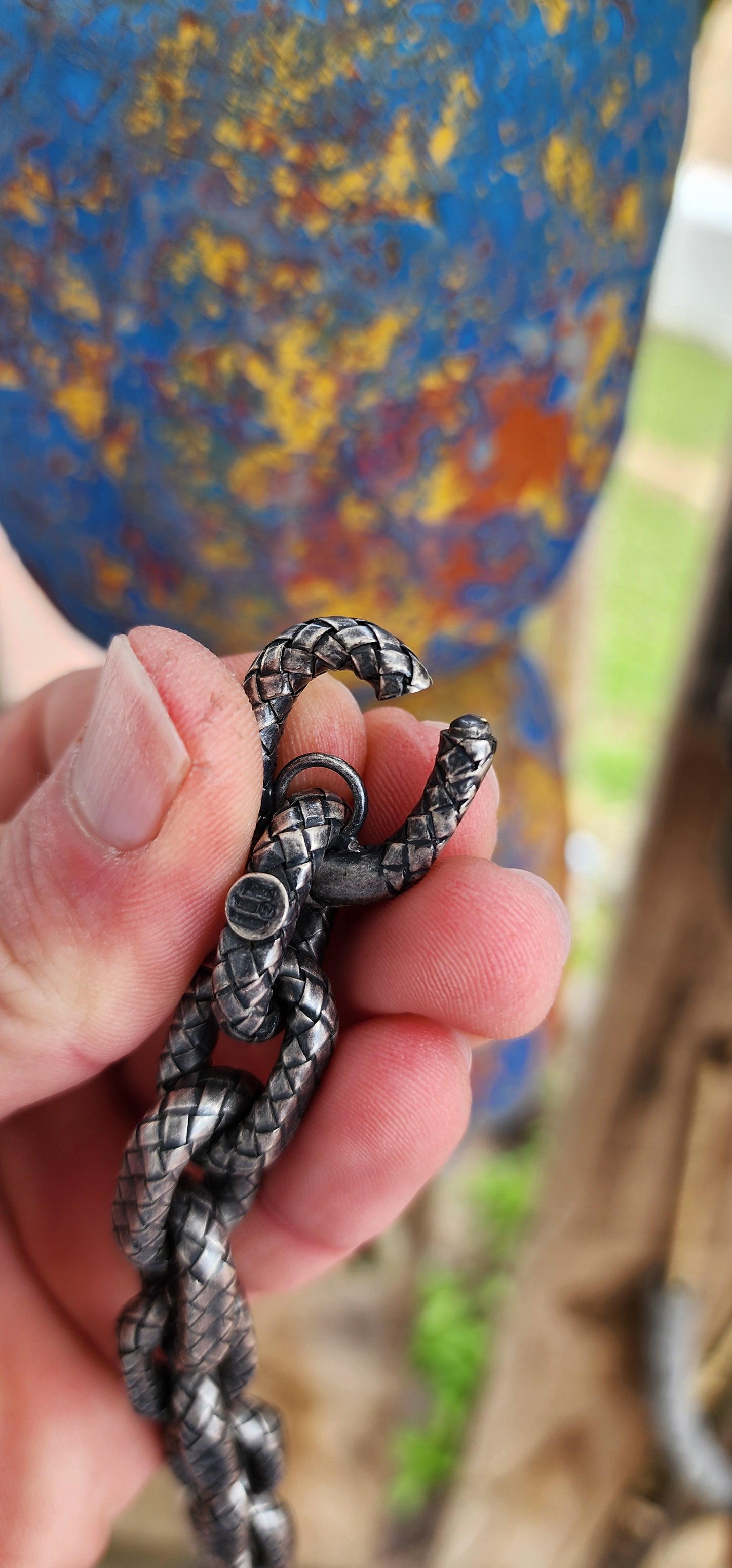 Chunky unisex high-end Designer Sterling Silver textured and oxidised Intrecciato patterned bracelet - Made by Bottega Vaneta and Hallmarked accordingly.