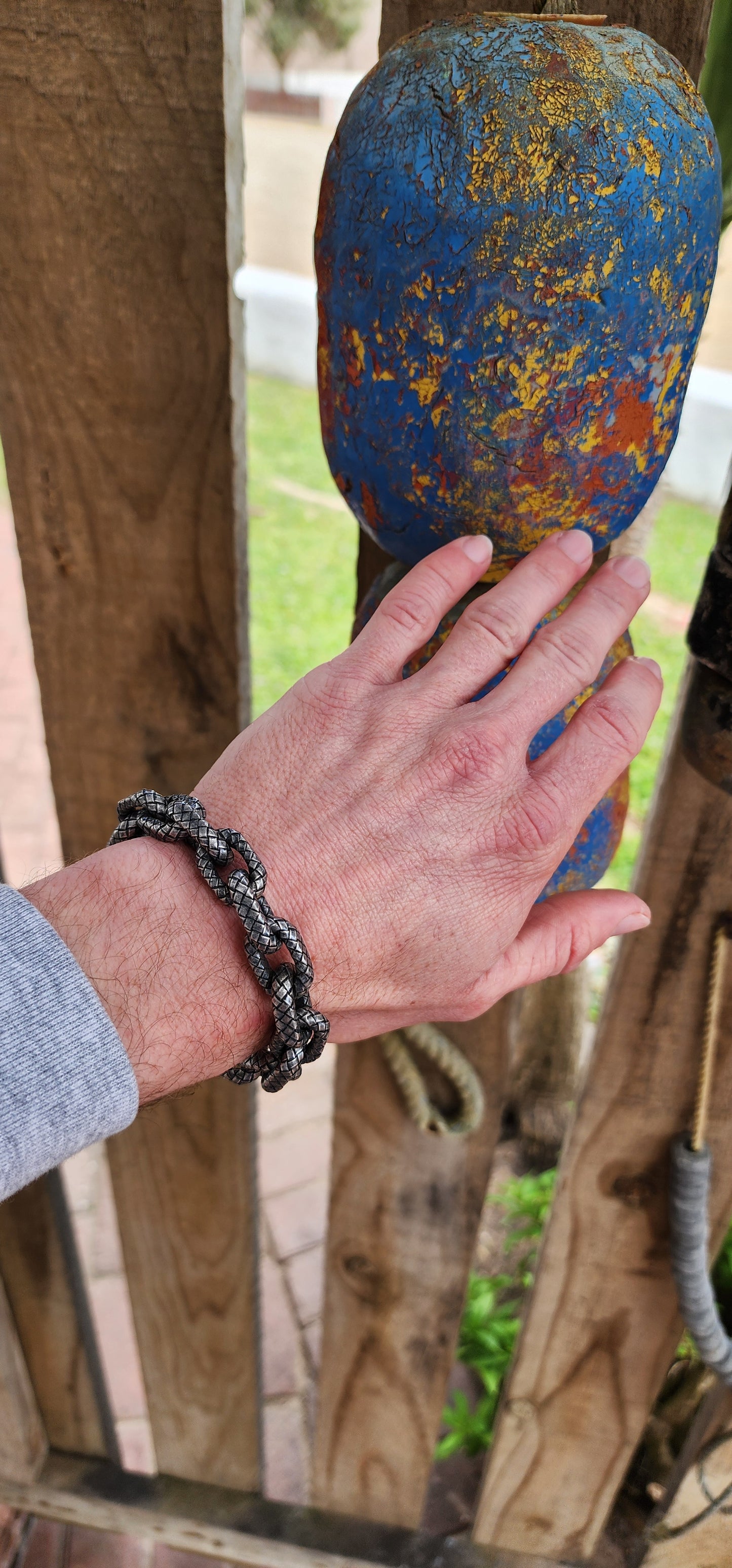 Chunky unisex high-end Designer Sterling Silver textured and oxidised Intrecciato patterned bracelet - Made by Bottega Vaneta and Hallmarked accordingly.