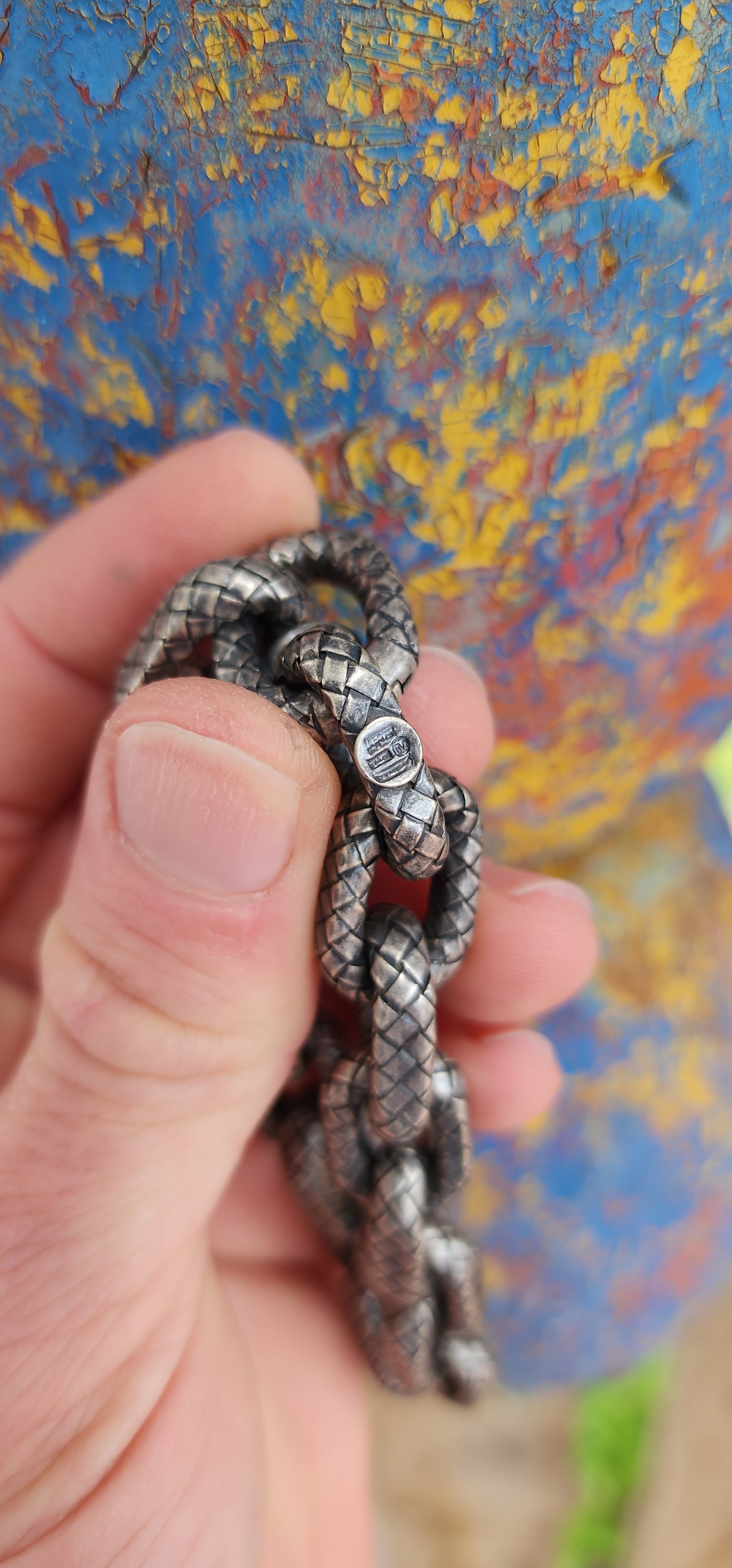 Chunky unisex high-end Designer Sterling Silver textured and oxidised Intrecciato patterned bracelet - Made by Bottega Vaneta and Hallmarked accordingly.