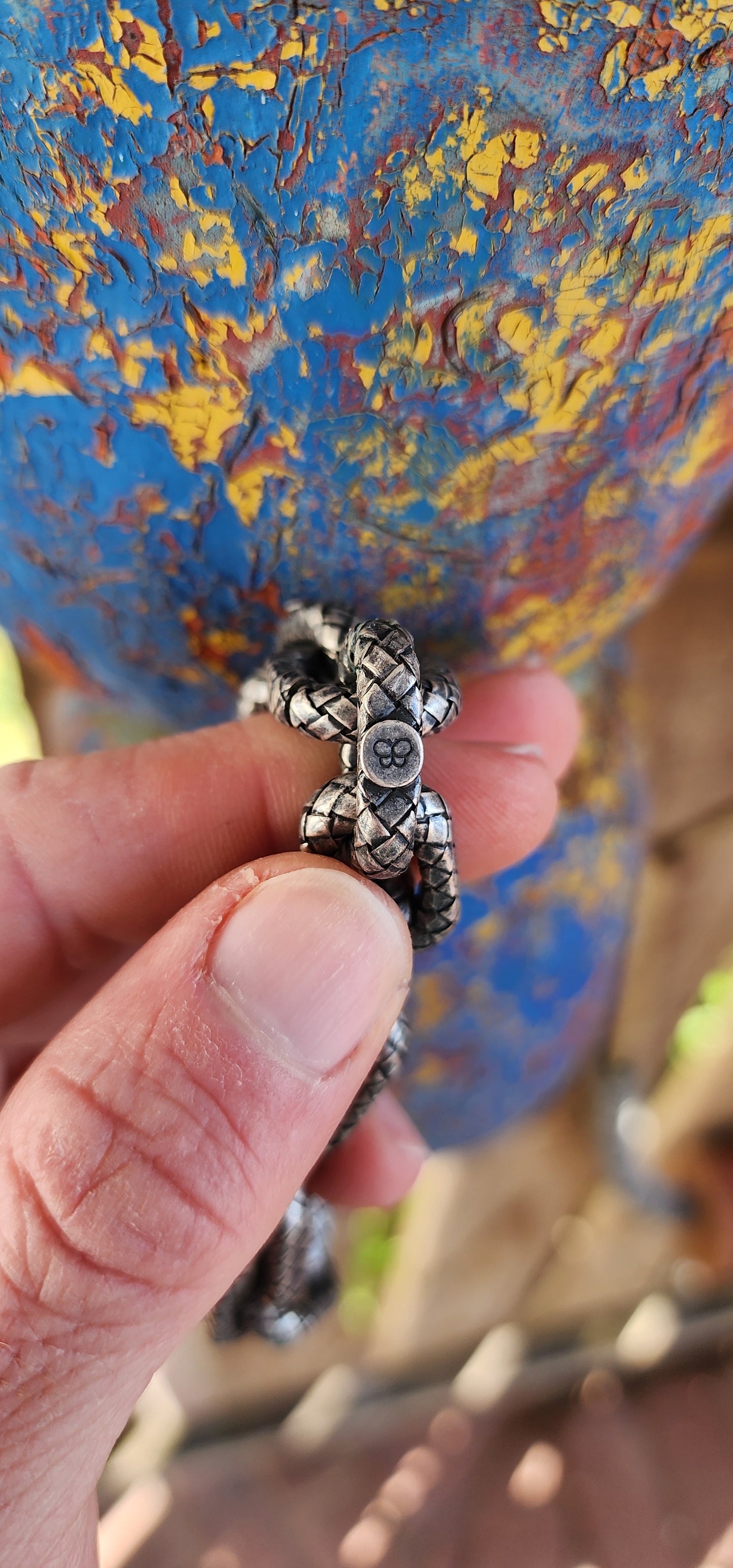 Chunky unisex high-end Designer Sterling Silver textured and oxidised Intrecciato patterned bracelet - Made by Bottega Vaneta and Hallmarked accordingly.