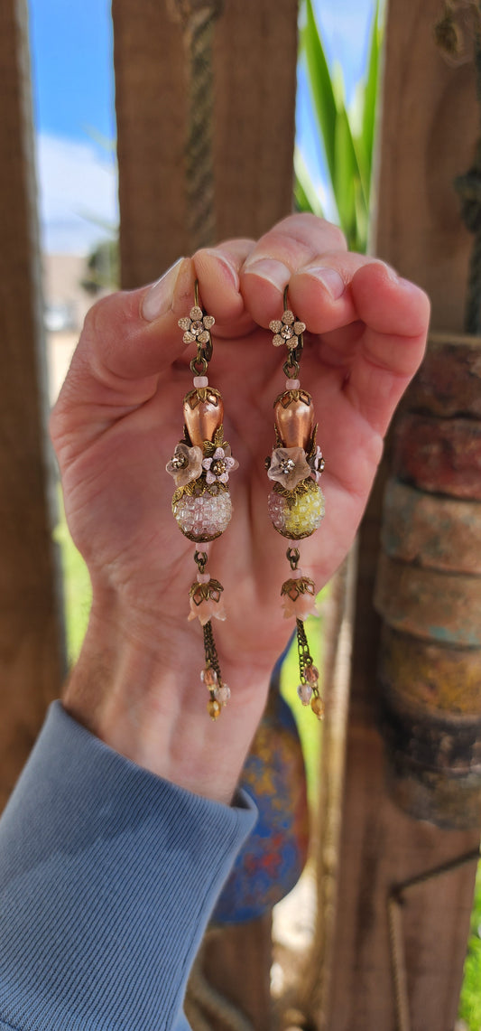 Most beautiful pair of Designer costume push-in drop earrings.The delicate pieces combine the Vintage look with Swarovski Crystal,Brass,Seed beads,Faux Pearls and Flowers.