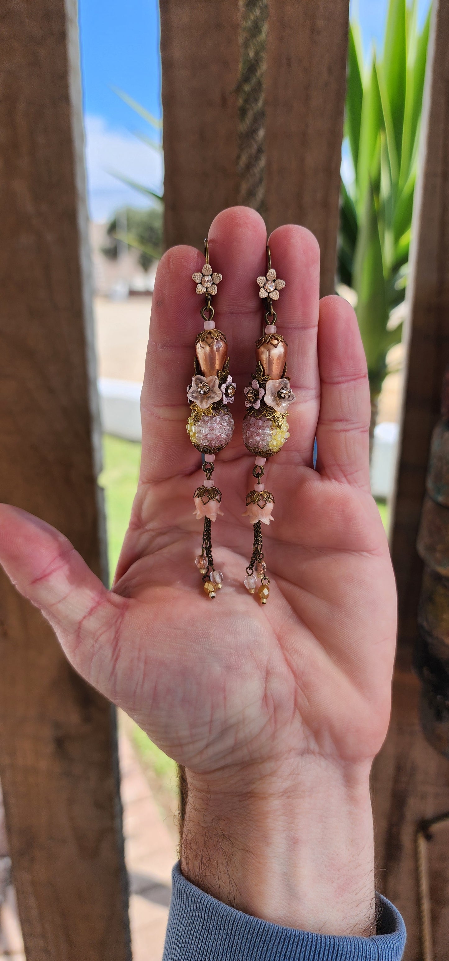 Most beautiful pair of Designer costume push-in drop earrings.The delicate pieces combine the Vintage look with Swarovski Crystal,Brass,Seed beads,Faux Pearls and Flowers.