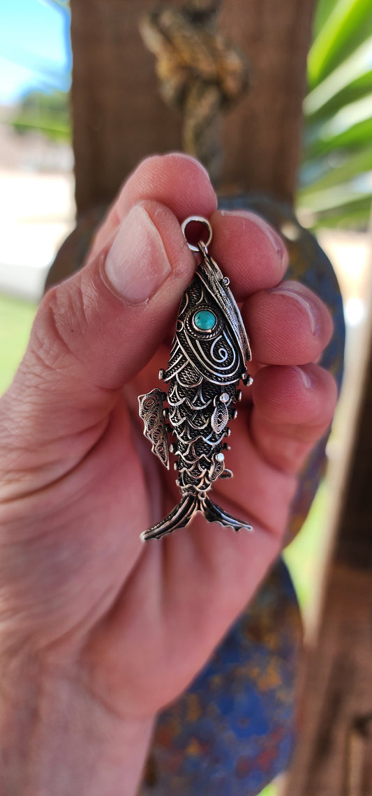 Sought after Vintage Chinese Export Sterling Silver Articulated Cannetile Filigree Fish locket/Vinaigrette pendant with Turquoise Cabochon Eyes.