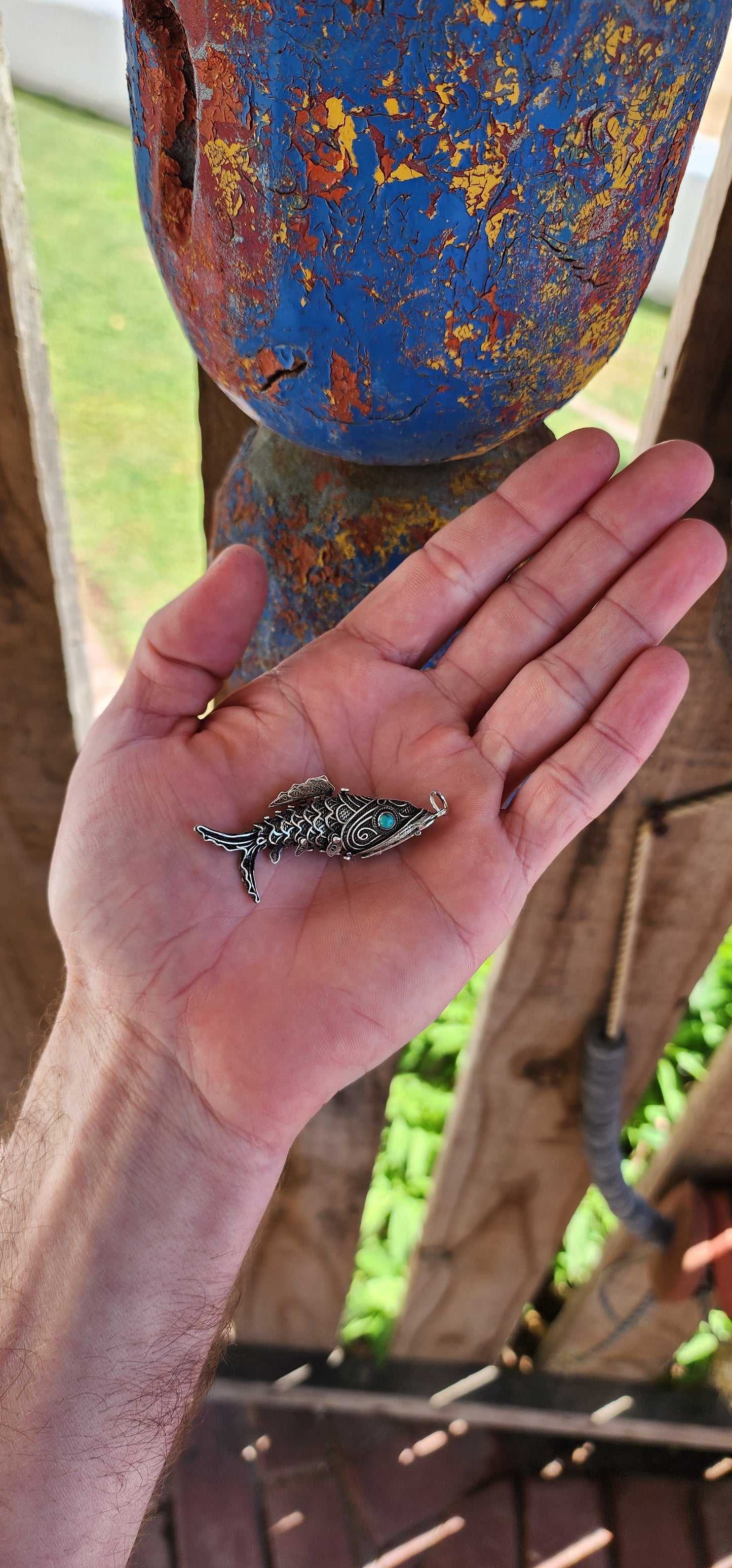 Sought after Vintage Chinese Export Sterling Silver Articulated Cannetile Filigree Fish locket/Vinaigrette pendant with Turquoise Cabochon Eyes.