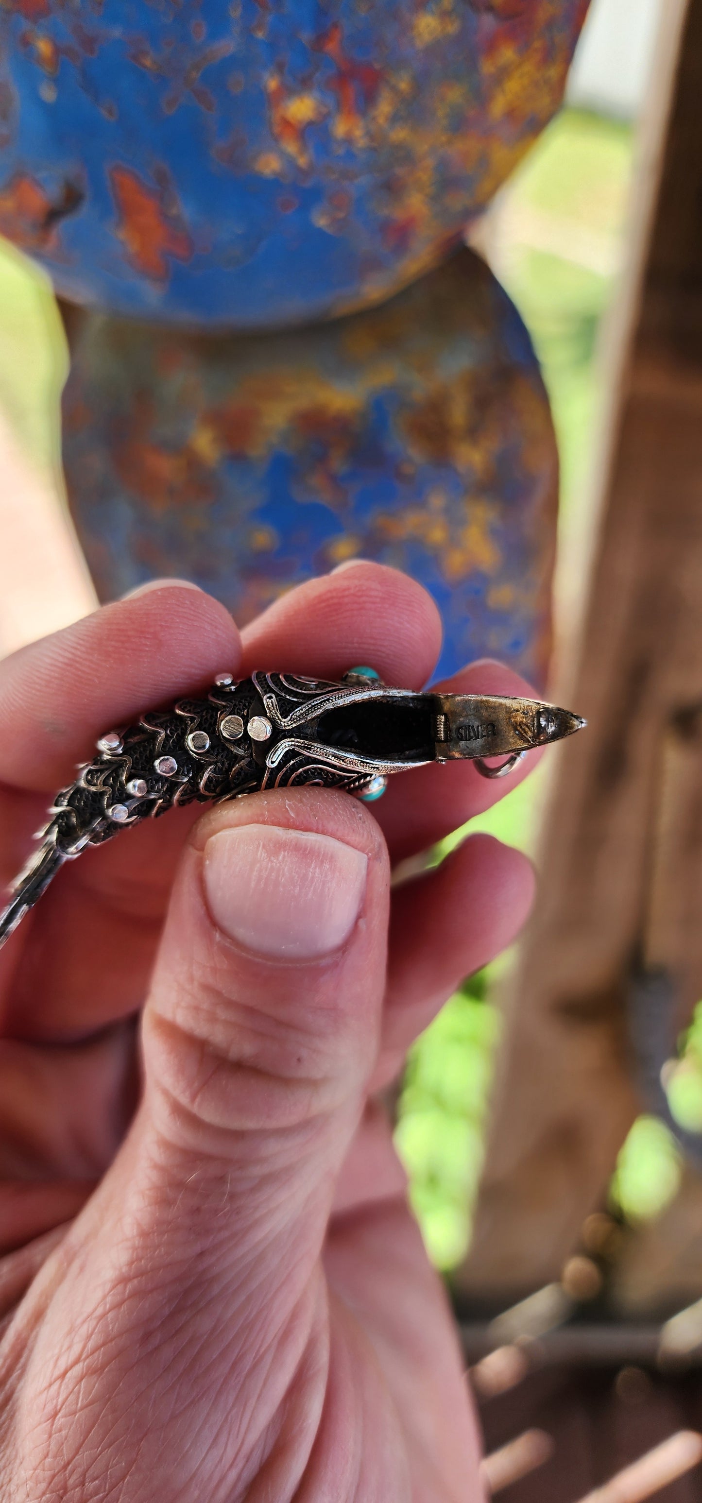 Sought after Vintage Chinese Export Sterling Silver Articulated Cannetile Filigree Fish locket/Vinaigrette pendant with Turquoise Cabochon Eyes.