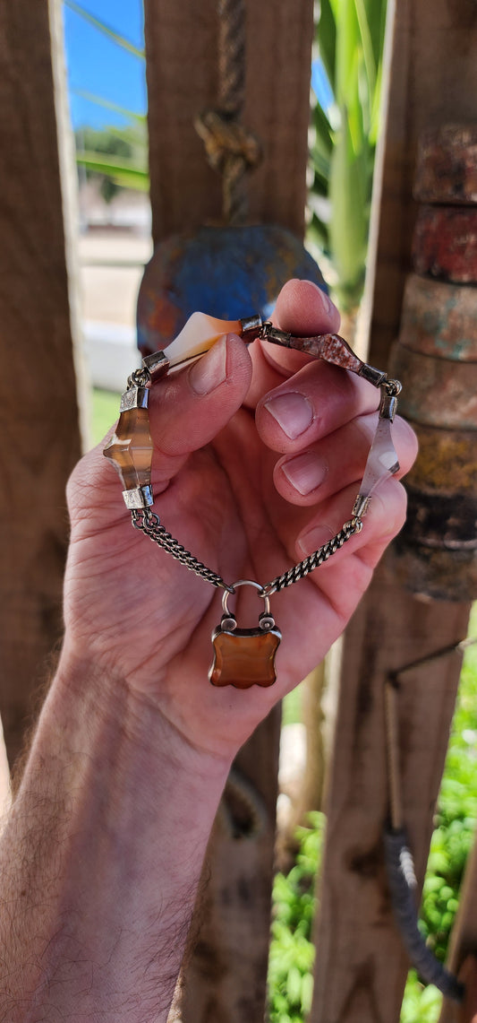 Antique Victorian Sterling Silver and Scottish Agate panel Bracelet with original Padlock clasp.