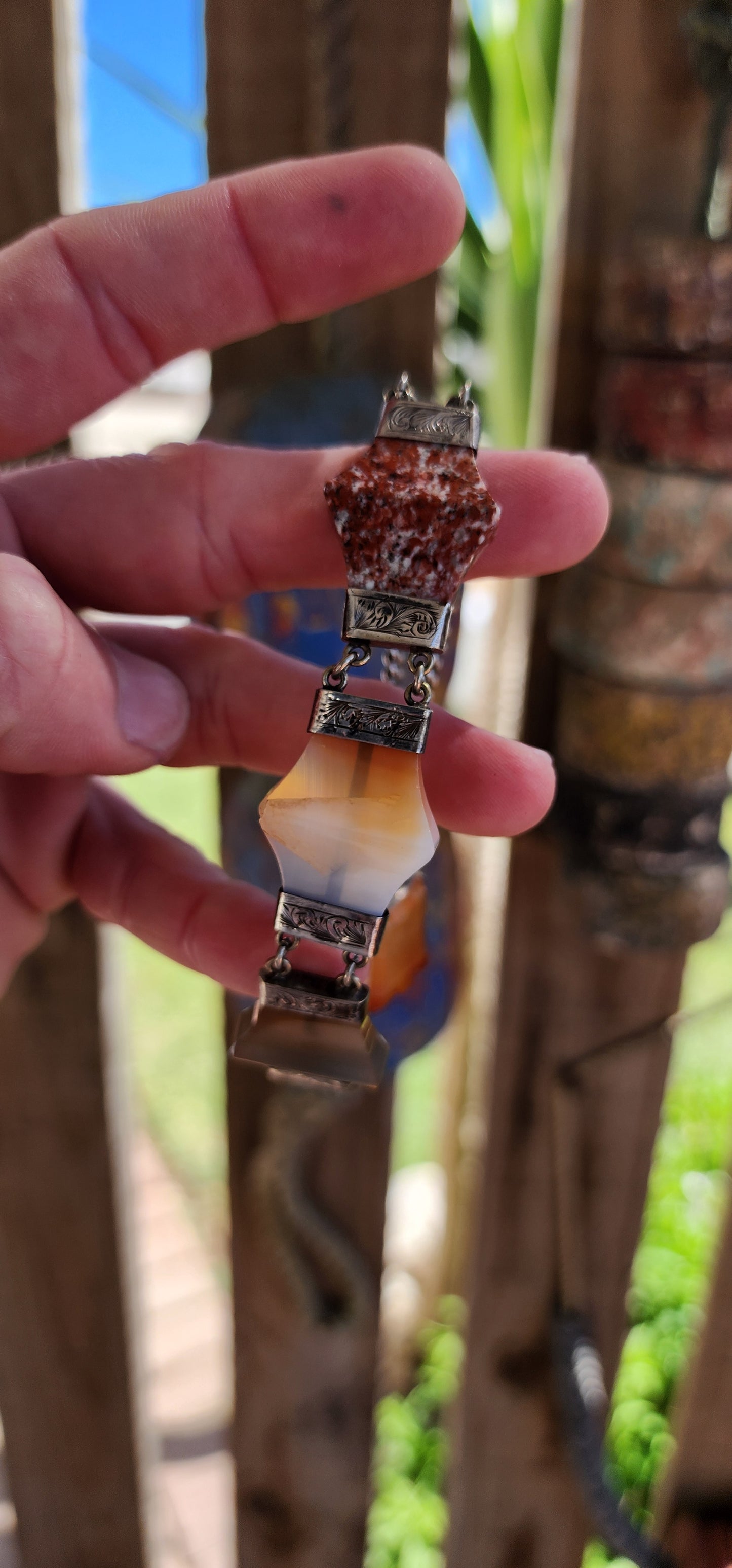 Antique Victorian Sterling Silver and Scottish Agate panel Bracelet with original Padlock clasp.