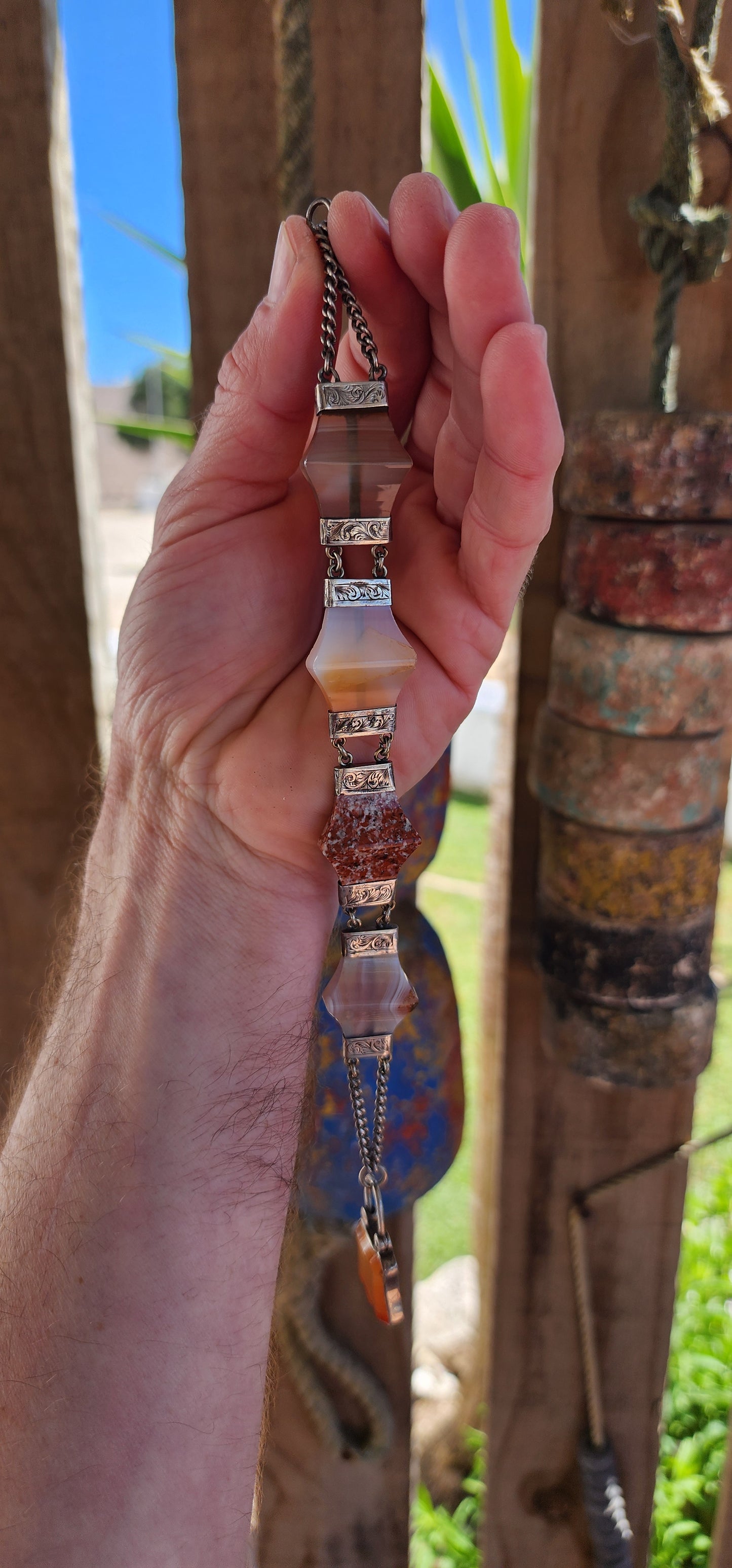 Antique Victorian Sterling Silver and Scottish Agate panel Bracelet with original Padlock clasp.