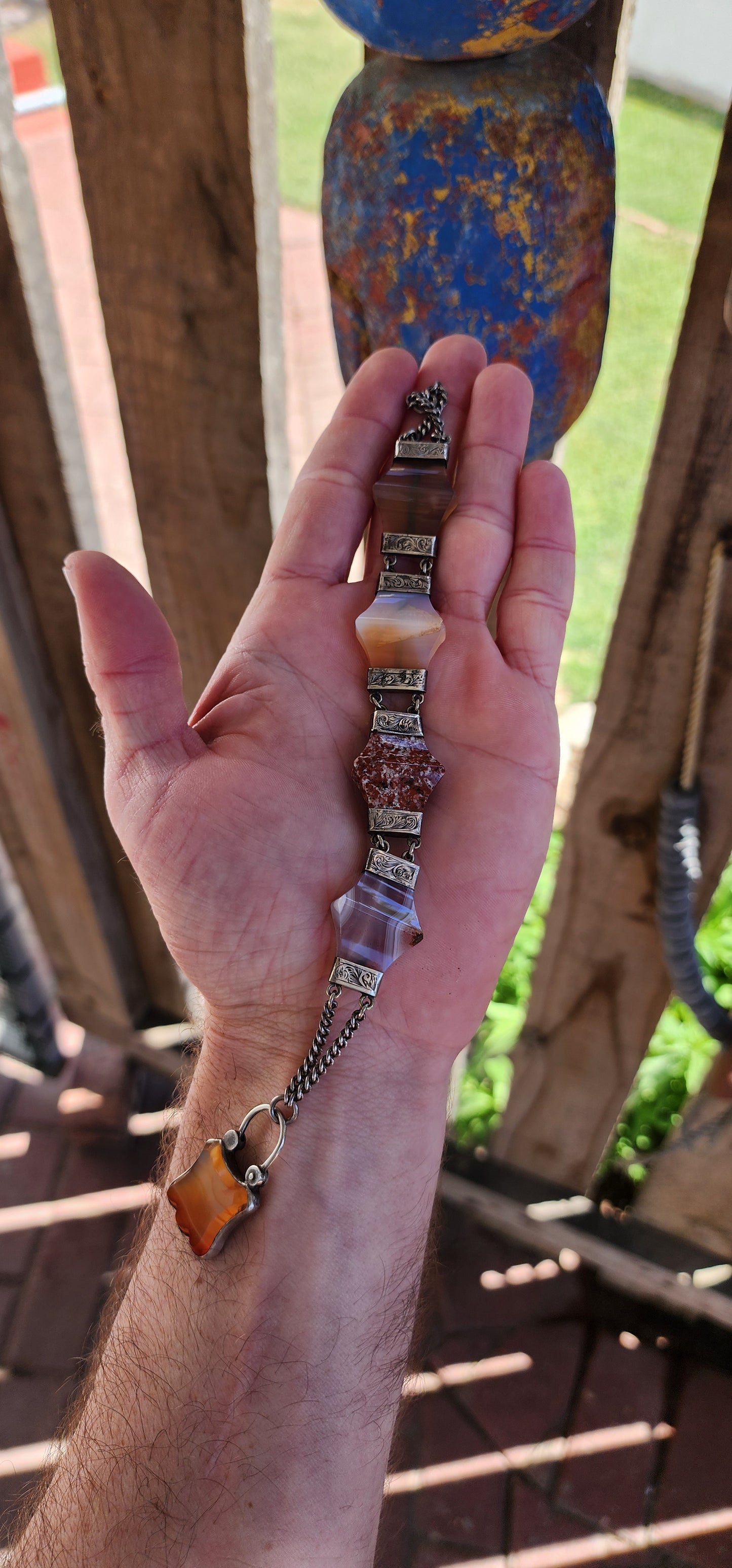 Antique Victorian Sterling Silver and Scottish Agate panel Bracelet with original Padlock clasp.