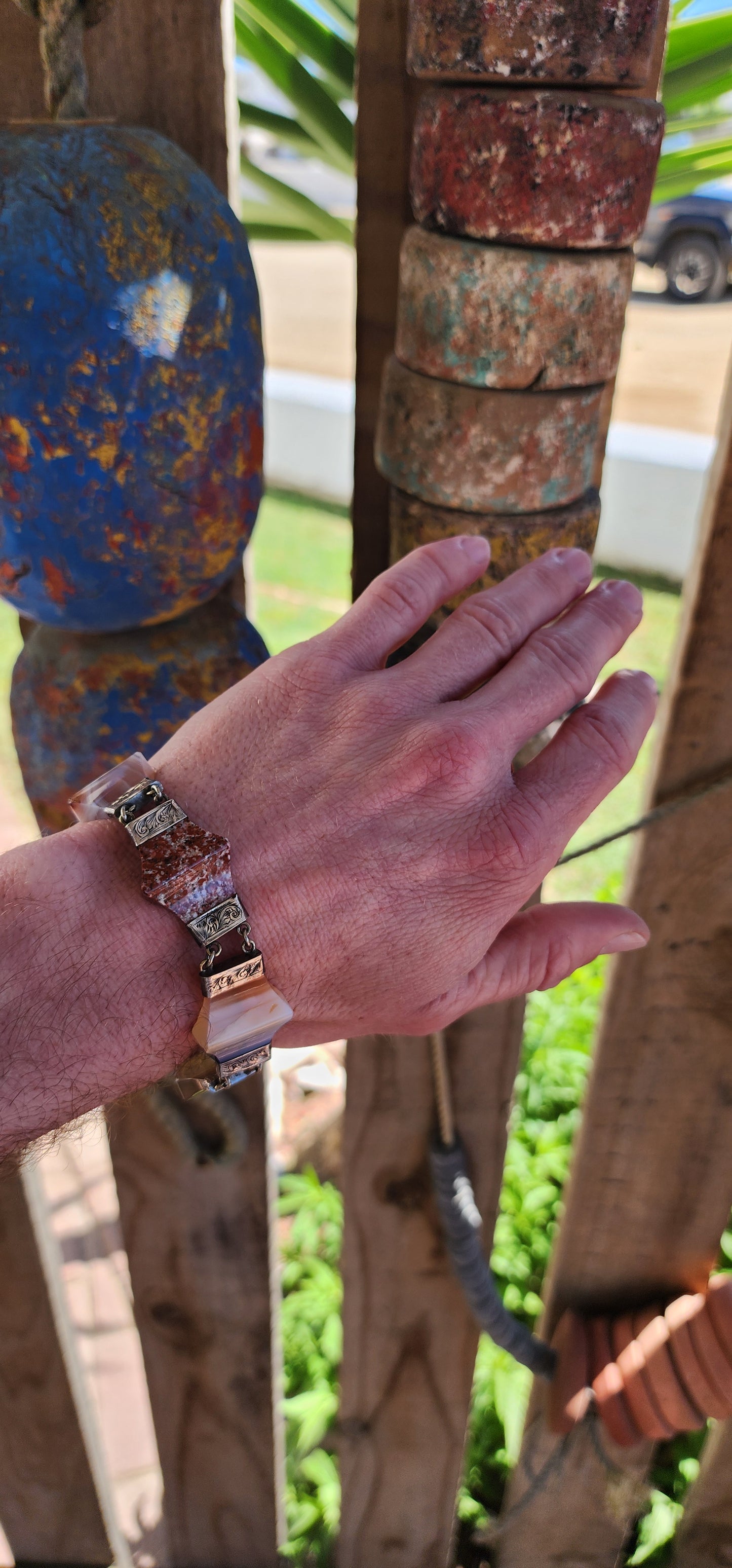 Antique Victorian Sterling Silver and Scottish Agate panel Bracelet with original Padlock clasp.