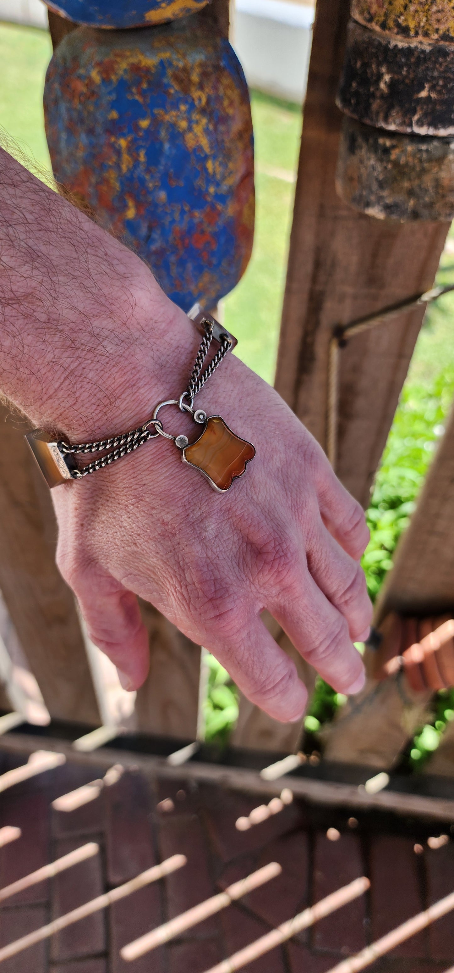 Antique Victorian Sterling Silver and Scottish Agate panel Bracelet with original Padlock clasp.