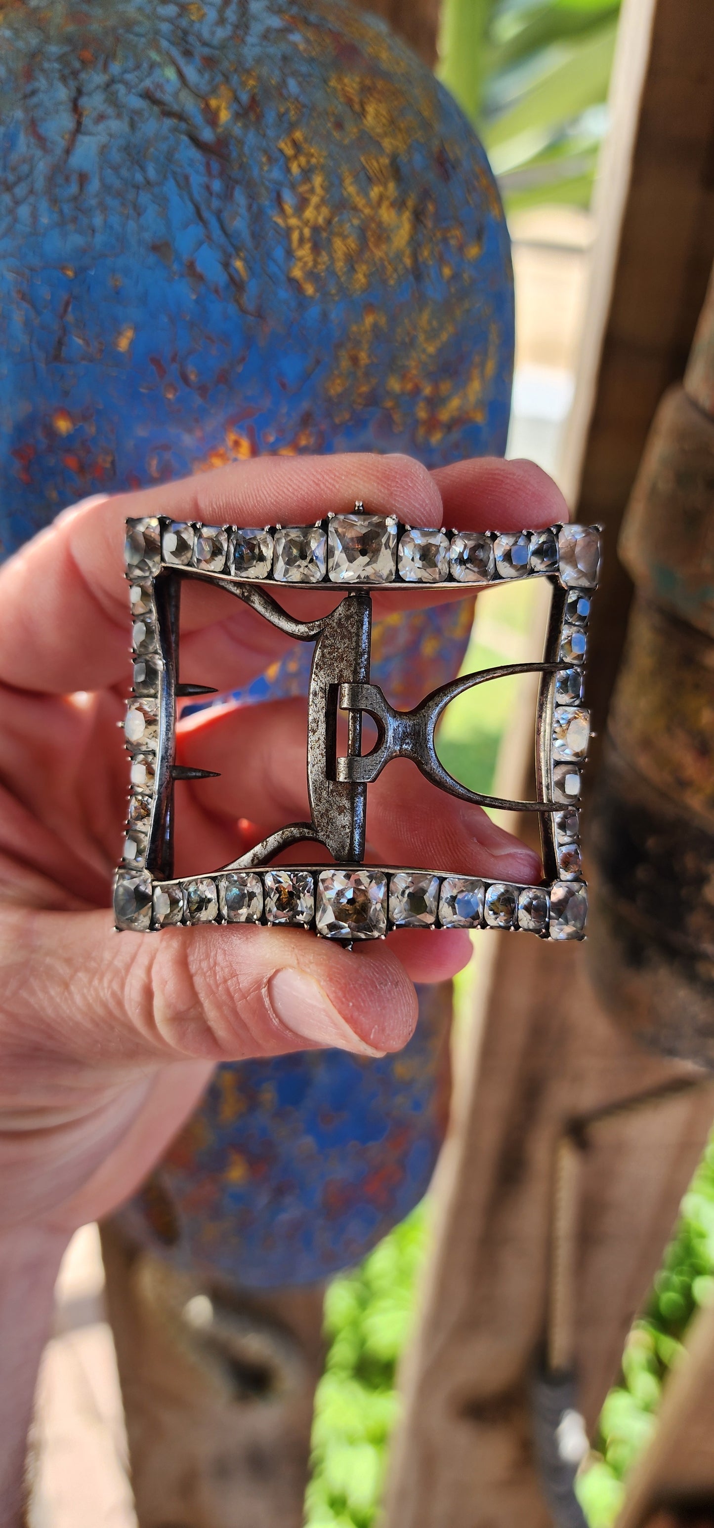 Antique Circa 1790's Georgian-era shoe buckle, made of Sterling Silver and adorned with foiled back Cushion-cut Black Dot paste stones, which are set in a typical Georgian era Collet setting.