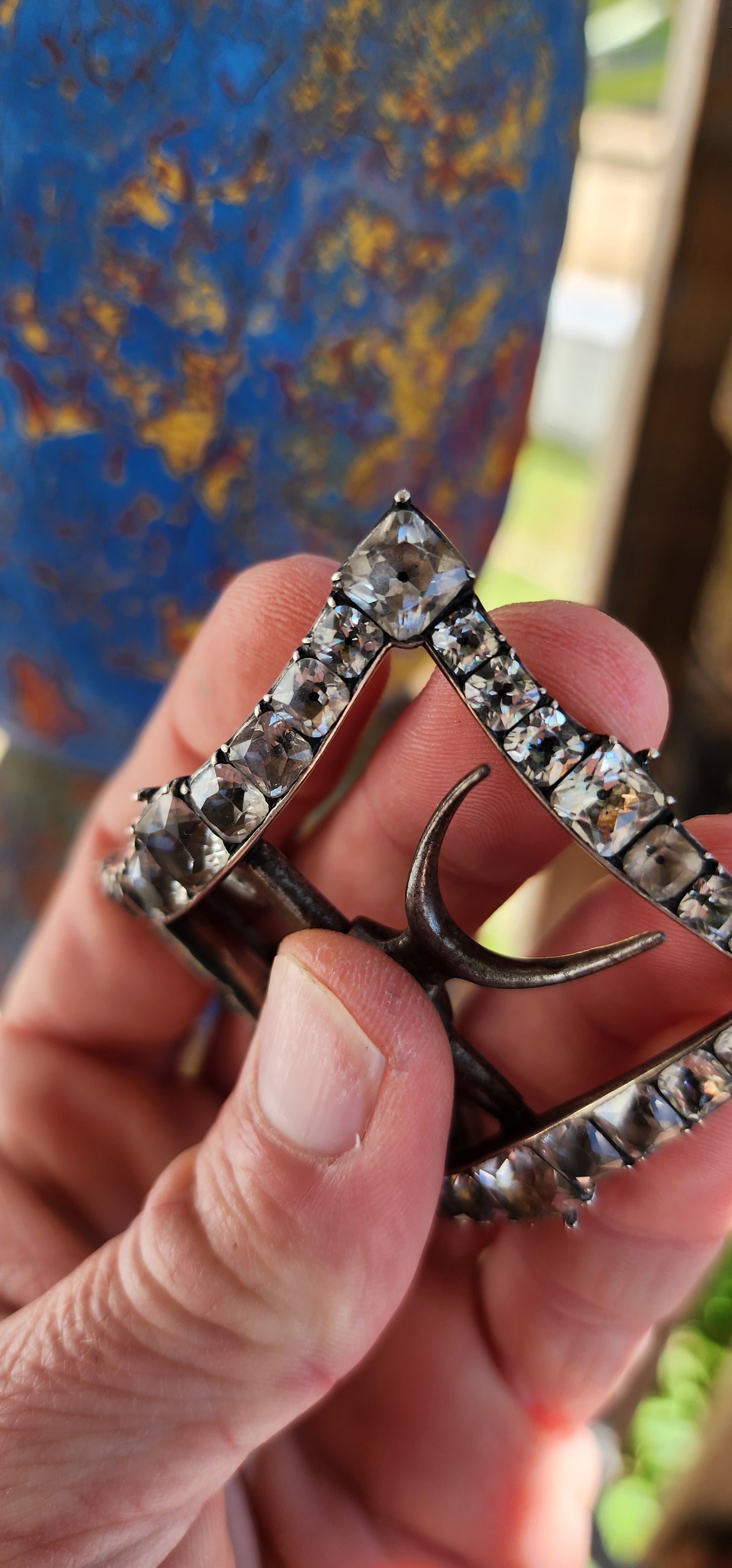 Antique Circa 1790's Georgian-era shoe buckle, made of Sterling Silver and adorned with foiled back Cushion-cut Black Dot paste stones, which are set in a typical Georgian era Collet setting.