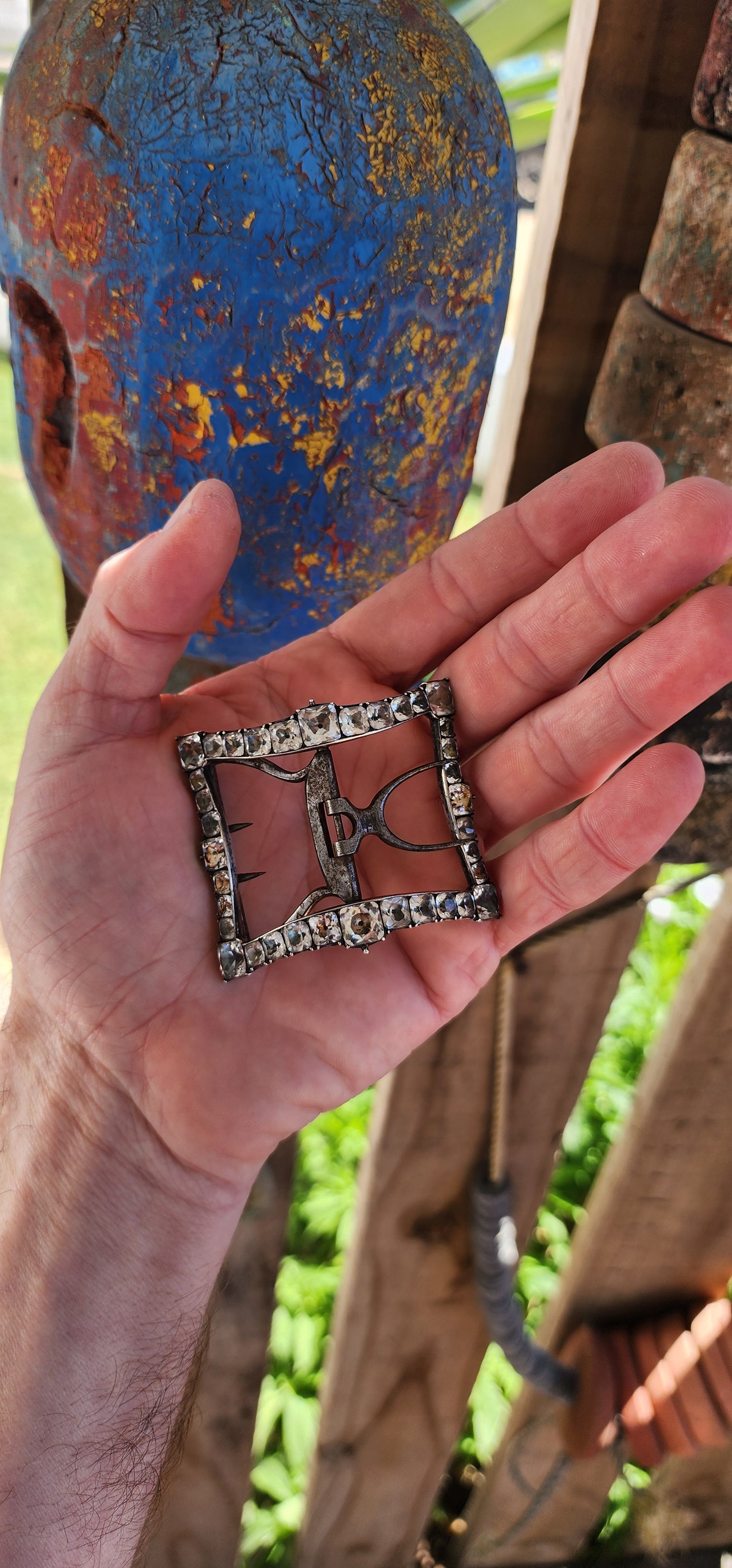 Antique Circa 1790's Georgian-era shoe buckle, made of Sterling Silver and adorned with foiled back Cushion-cut Black Dot paste stones, which are set in a typical Georgian era Collet setting.