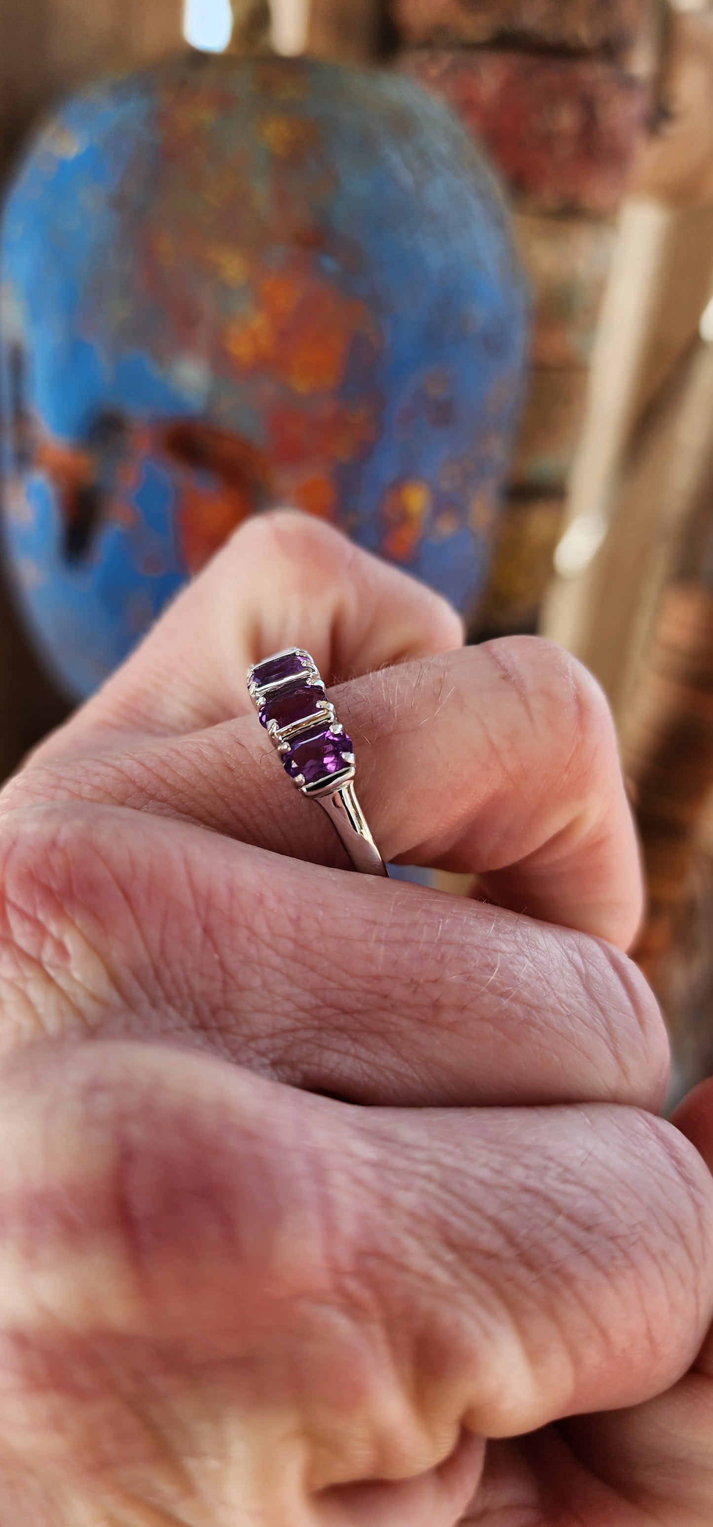 Beautiful Sterling Silver and Amethyst gemstones half-eternity ring.