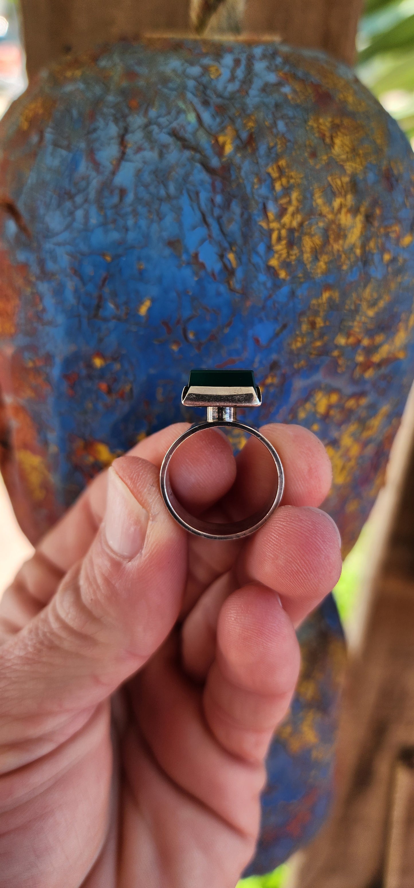 Vintage Modernist Designer Sterling Silver ring featuring a striking square-cut green Chrysoprase stone.