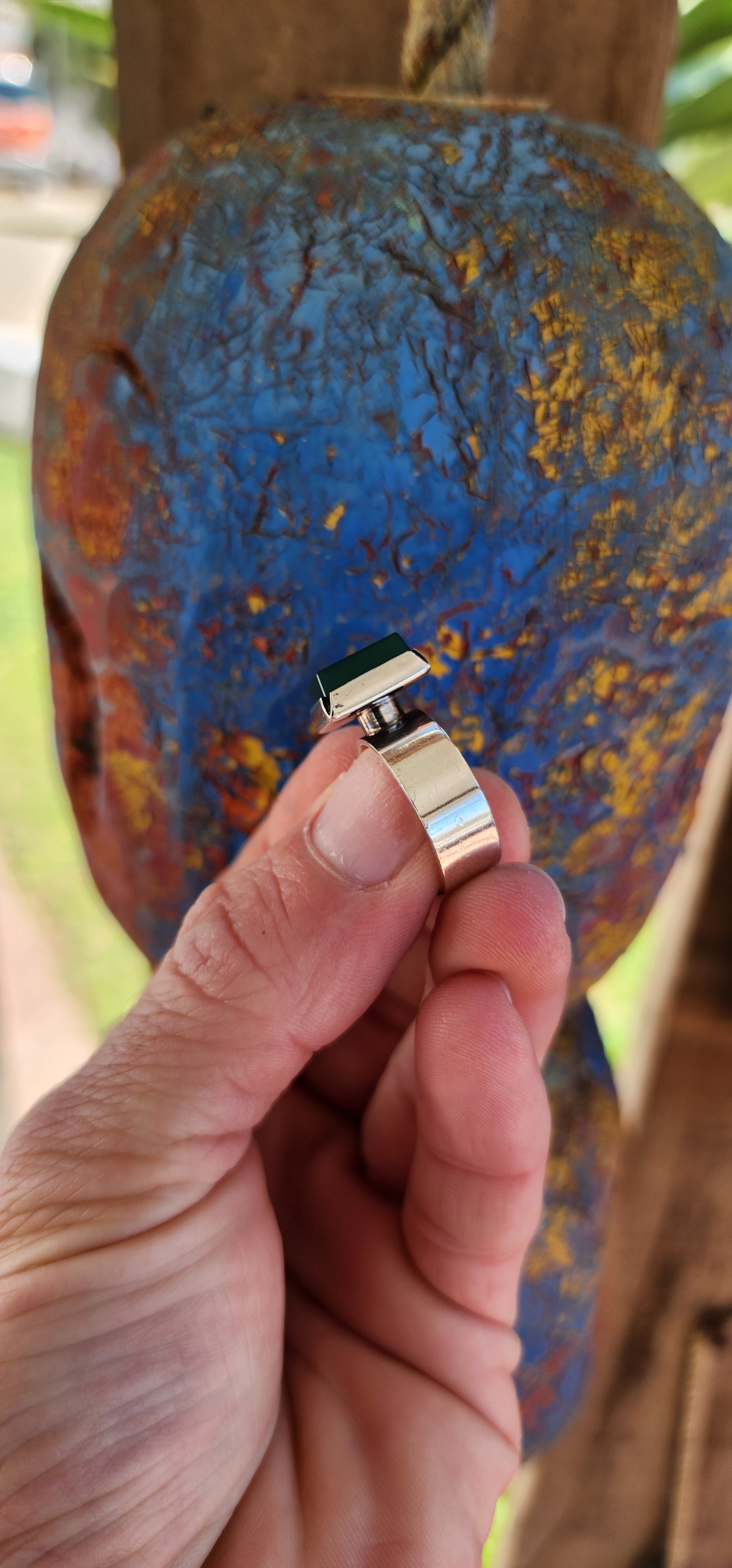 Vintage Modernist Designer Sterling Silver ring featuring a striking square-cut green Chrysoprase stone.