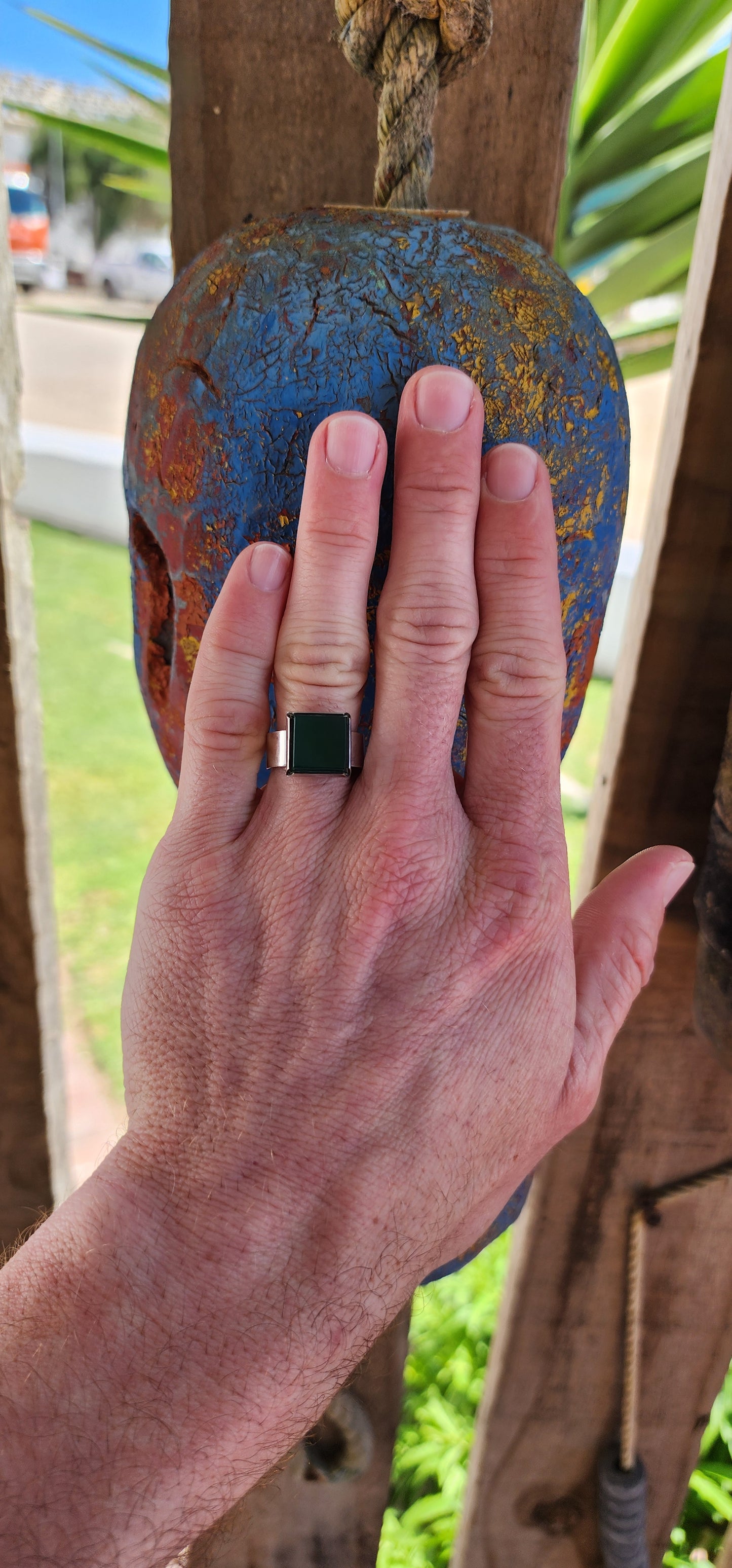 Vintage Modernist Designer Sterling Silver ring featuring a striking square-cut green Chrysoprase stone.