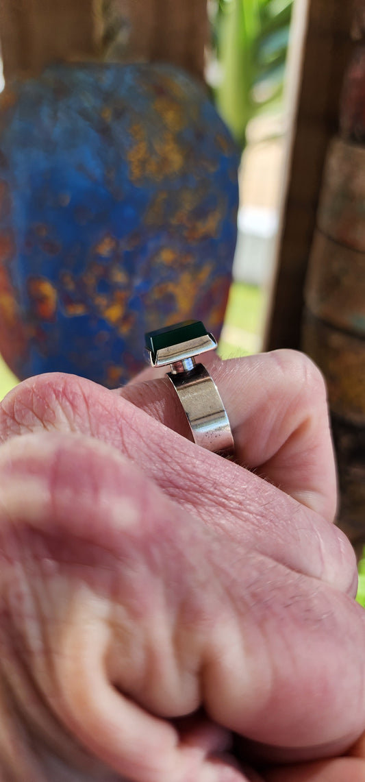 Vintage Modernist Designer Sterling Silver ring featuring a striking square-cut green Chrysoprase stone.