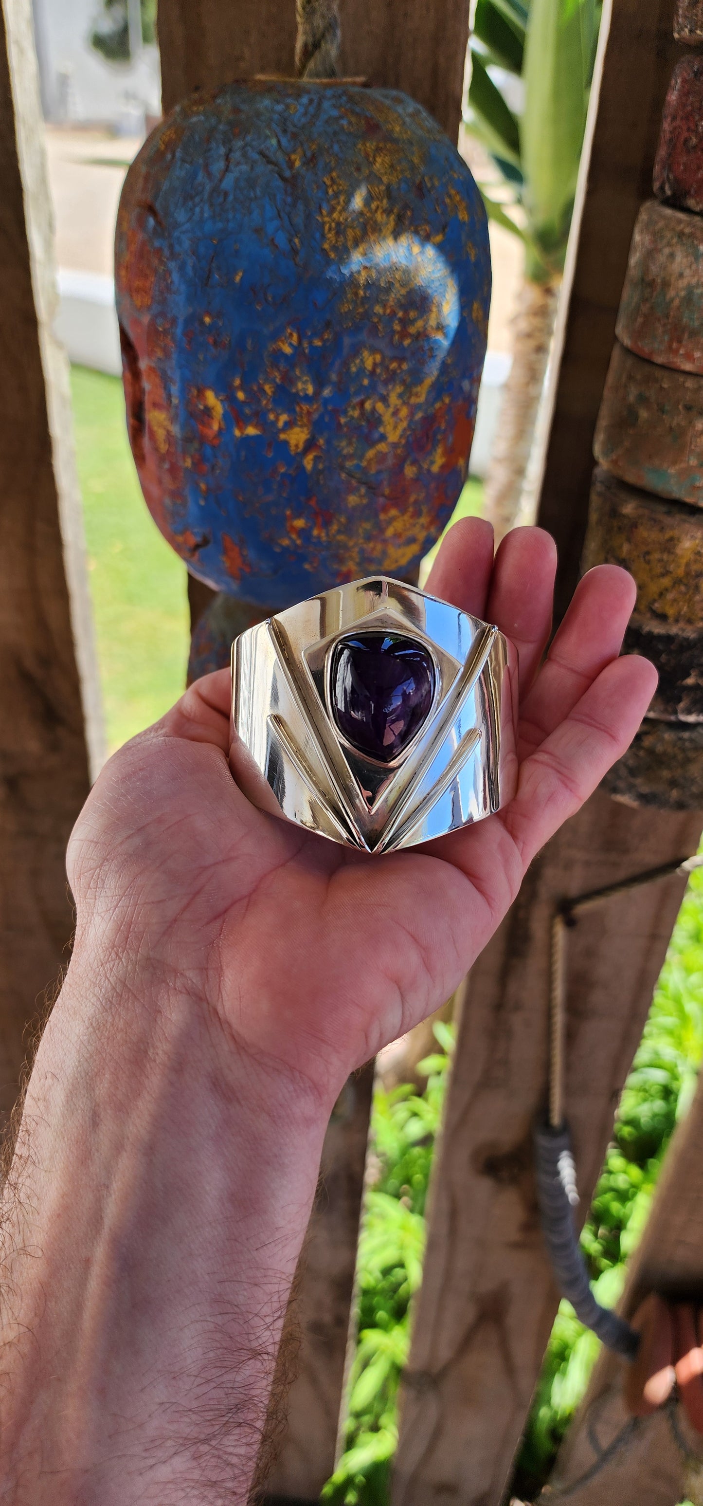 This chunky Designer cuff bangle is an extraordinary and rare piece from the 1970s by the celebrated South African silversmith Margaret Richardson.