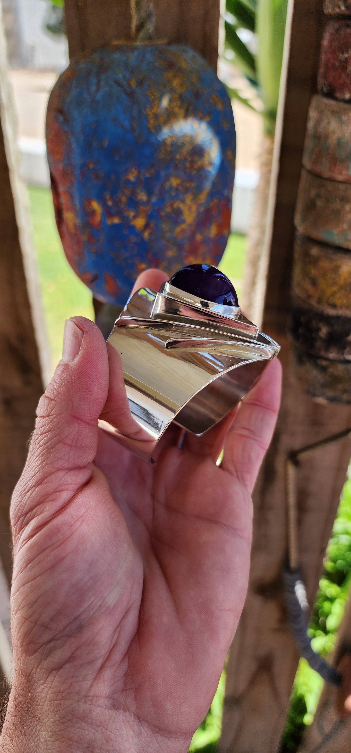 This chunky Designer cuff bangle is an extraordinary and rare piece from the 1970s by the celebrated South African silversmith Margaret Richardson.